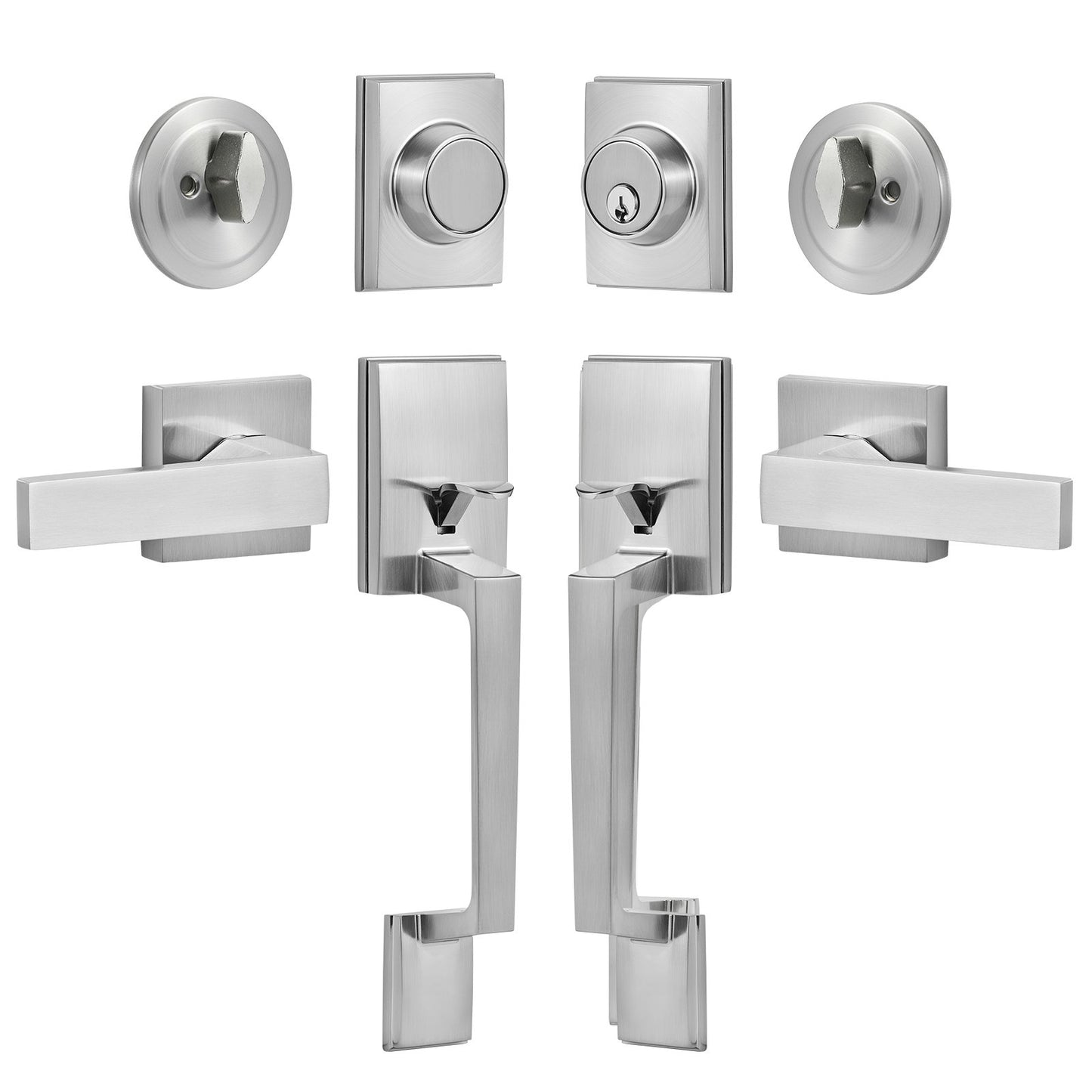 Dubbeldörrhandtagssats, dubbeldörrlåssats med vändbar handtagsspak, fyrkantig dörrspak i satinnickel, Heavy Duty dubbla framdörrshandtagssats med dummy, för ytterdörr eller kontorsdörr