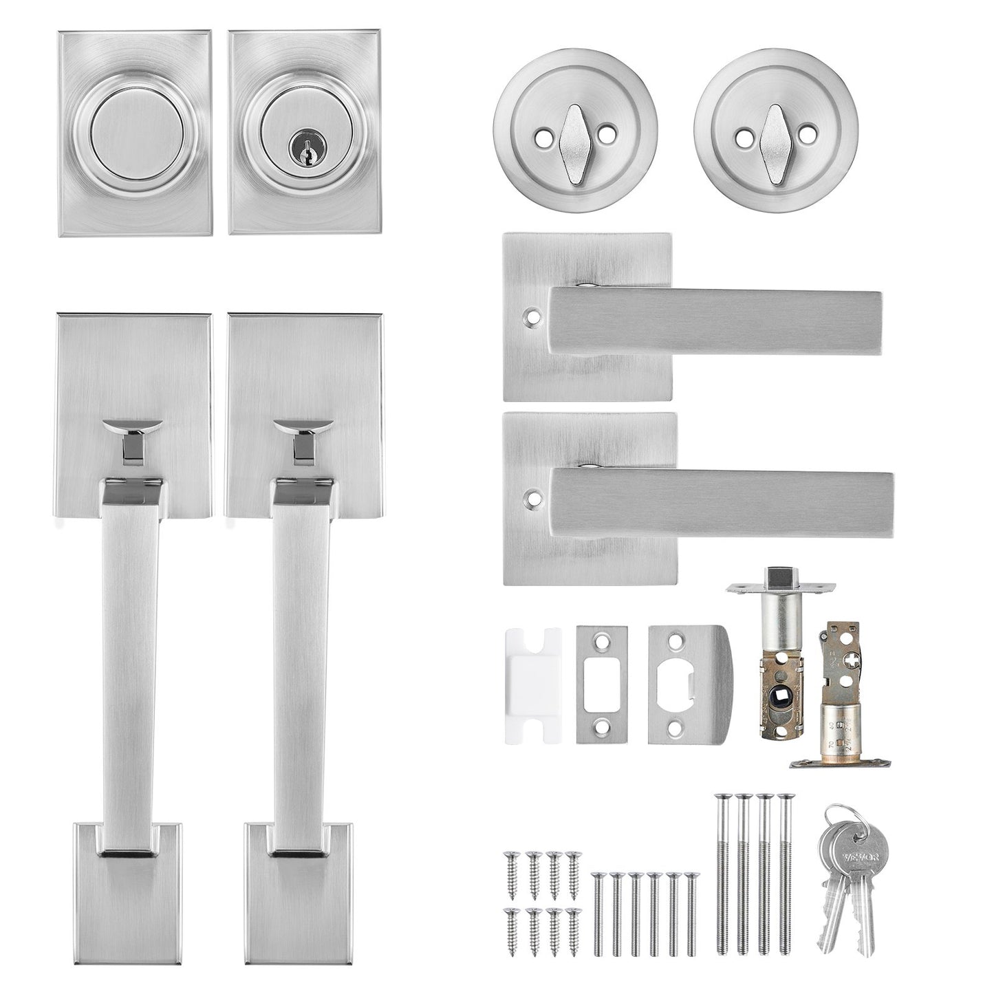 Dubbeldörrhandtagssats, dubbeldörrlåssats med vändbar handtagsspak, fyrkantig dörrspak i satinnickel, Heavy Duty dubbla framdörrshandtagssats med dummy, för ytterdörr eller kontorsdörr