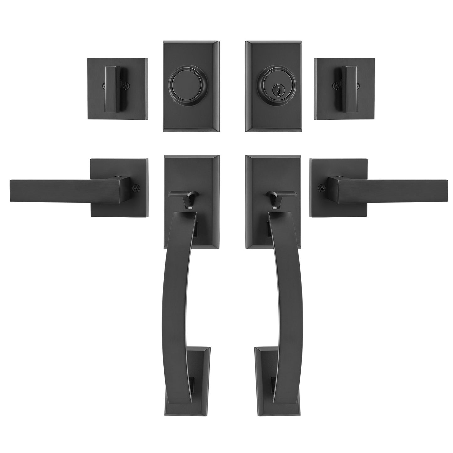 Dubbeldörrhandtagssats, mattsvart välvd dörrhandtag, dubbel framdörrhandtagssats med vändbar handtagsspak, Heavy Duty dubbeldörrlåsset med dummy, för kontorsdörr eller ytterdörr