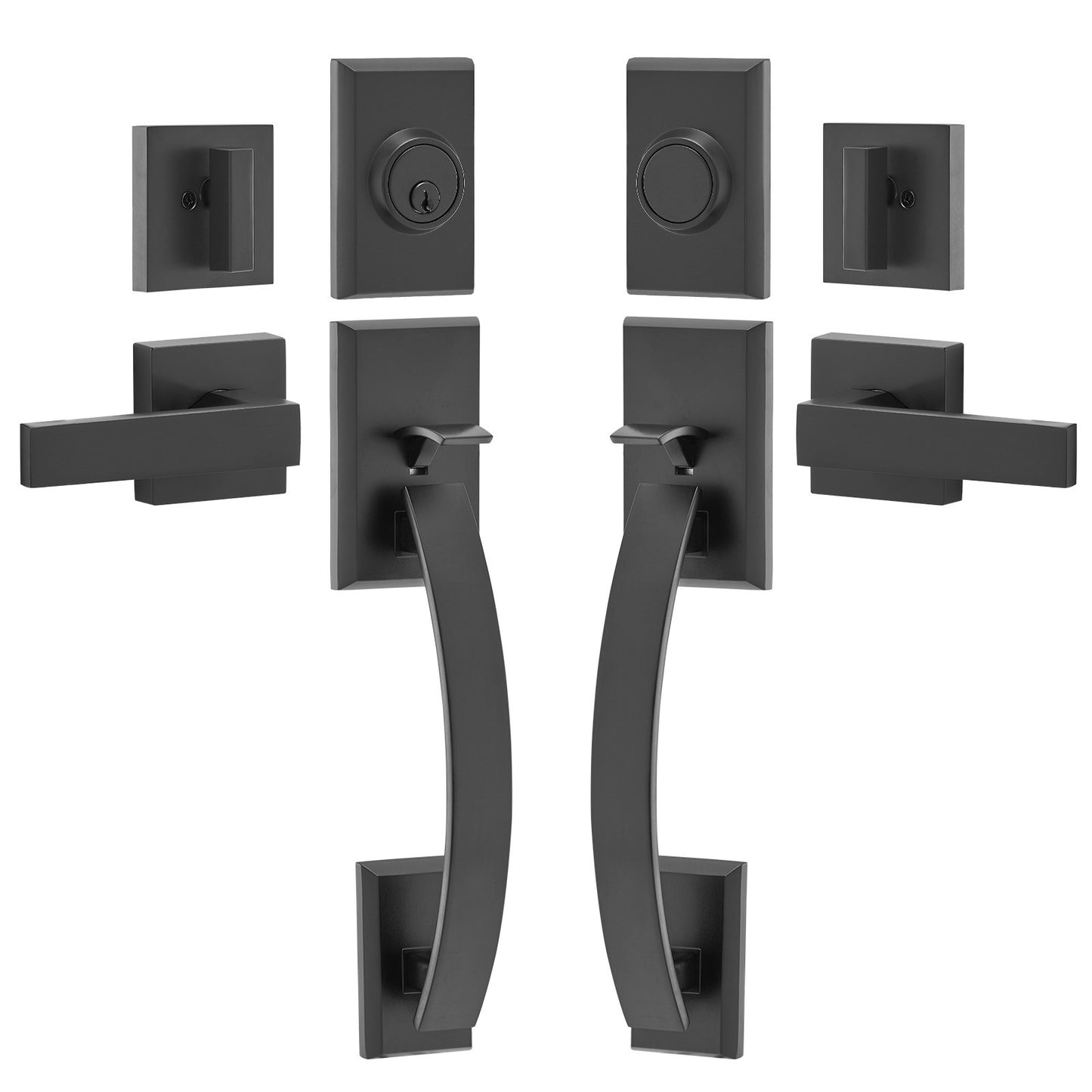 Dubbeldörrhandtagssats, mattsvart välvd dörrhandtag, dubbel framdörrhandtagssats med vändbar handtagsspak, Heavy Duty dubbeldörrlåsset med dummy, för kontorsdörr eller ytterdörr