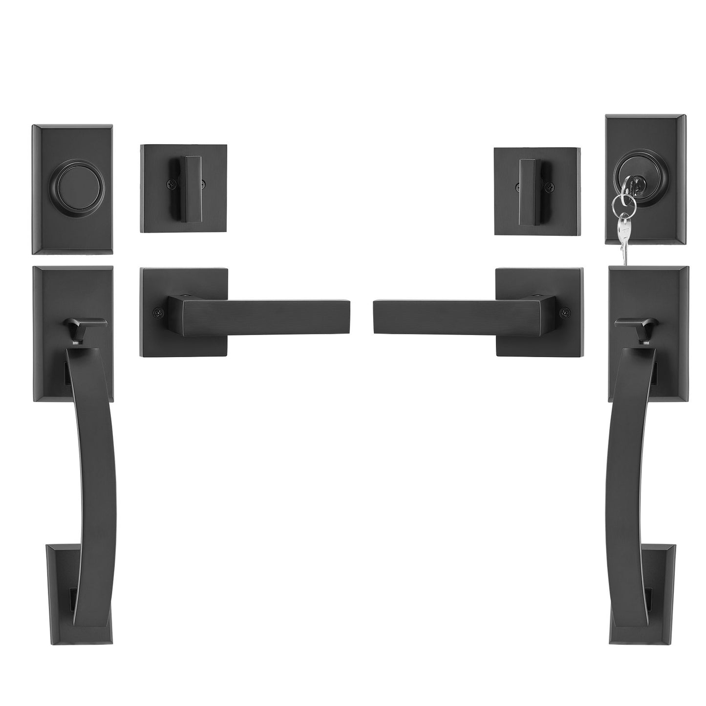 Dubbeldörrhandtagssats, mattsvart välvd dörrhandtag, dubbel framdörrhandtagssats med vändbar handtagsspak, Heavy Duty dubbeldörrlåsset med dummy, för kontorsdörr eller ytterdörr
