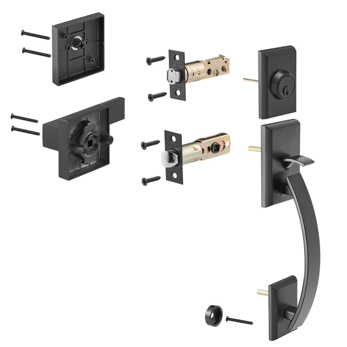 Dubbeldörrhandtagssats, mattsvart välvd dörrhandtag, dubbel framdörrhandtagssats med vändbar handtagsspak, Heavy Duty dubbeldörrlåsset med dummy, för kontorsdörr eller ytterdörr