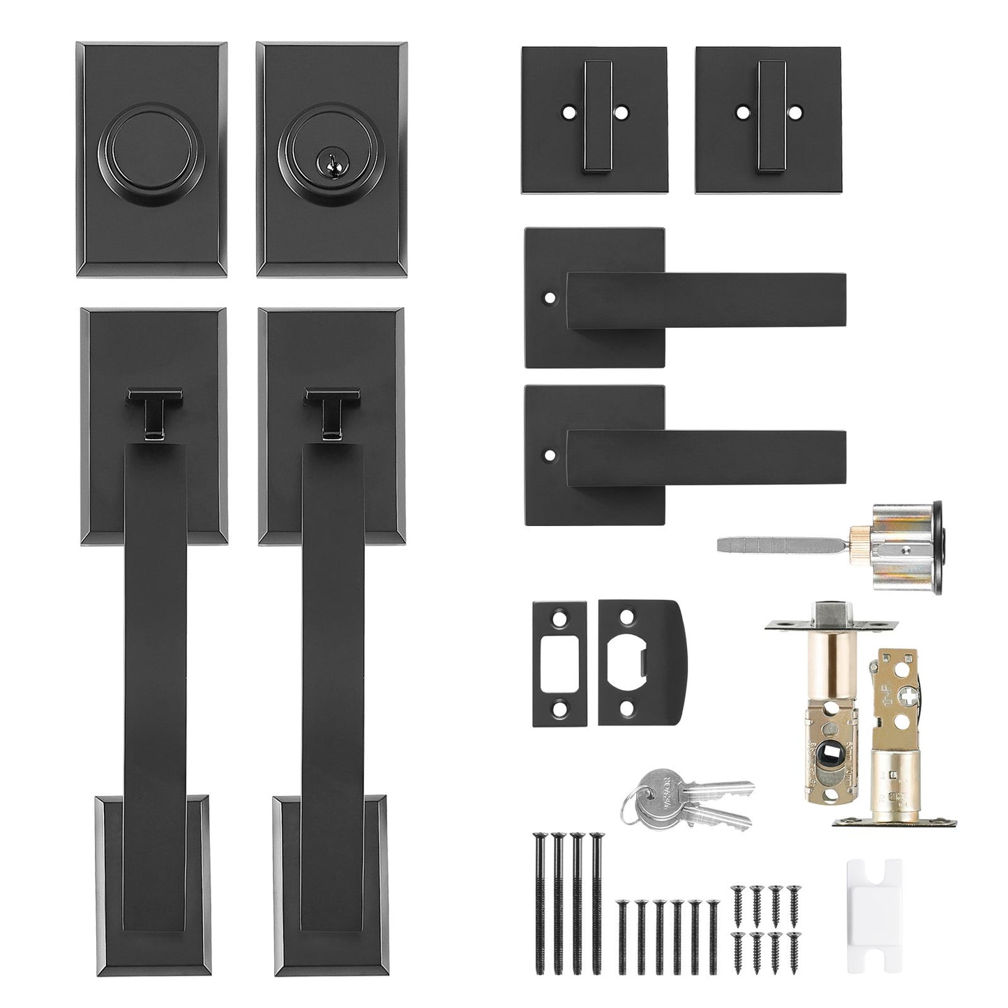 Dubbeldörrhandtagssats, mattsvart välvd dörrhandtag, dubbel framdörrhandtagssats med vändbar handtagsspak, Heavy Duty dubbeldörrlåsset med dummy, för kontorsdörr eller ytterdörr