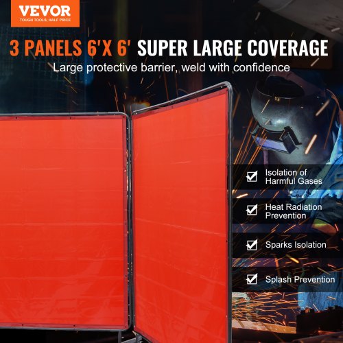 svetsskärm med ram, 6' x 6' 3 panelsvetsgardinskärmar, flamsäker vinylsvetsskyddsskärm på 12 svängbara hjul (6 låsbara), rörlig & professionell för verkstad, röd | EU