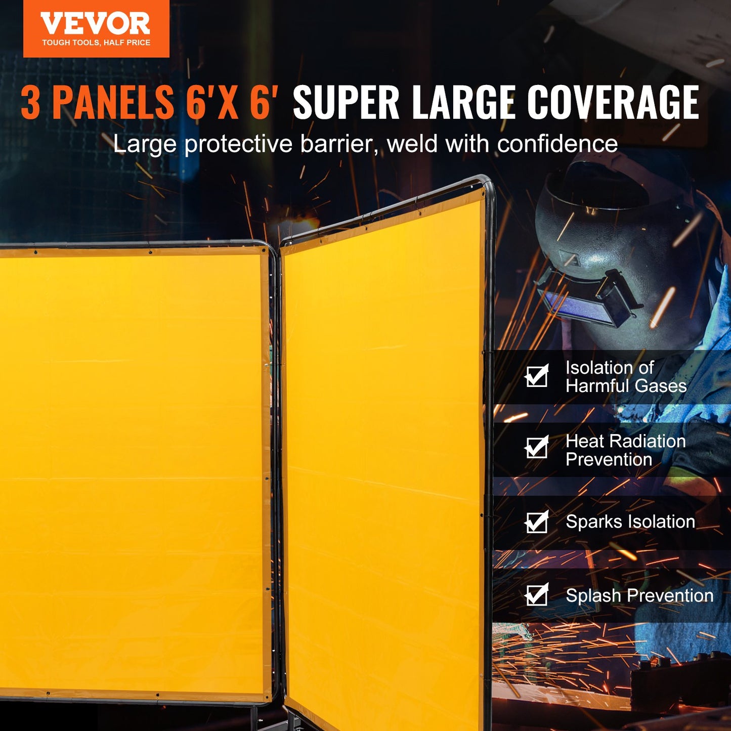 Welding Screen with Frame, 6' x 6' 3 Panel Welding Curtain Screens, Flame Retardant Vinyl Welding Protective Screen on 12 Swivel Casters (6 Lockable), Movable & Professional for Workshop, Yellow