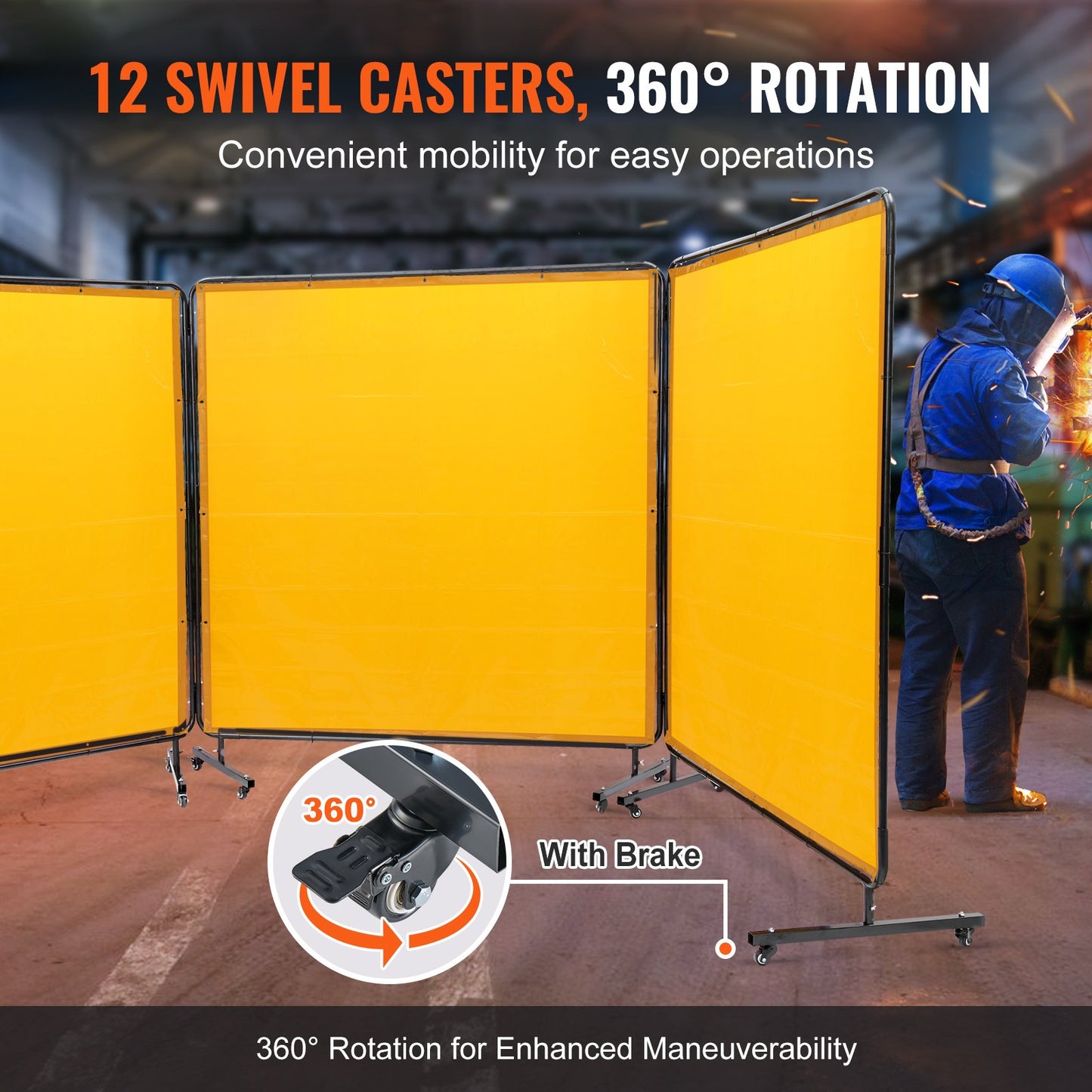Welding Screen with Frame, 6' x 6' 3 Panel Welding Curtain Screens, Flame Retardant Vinyl Welding Protective Screen on 12 Swivel Casters (6 Lockable), Movable & Professional for Workshop, Yellow