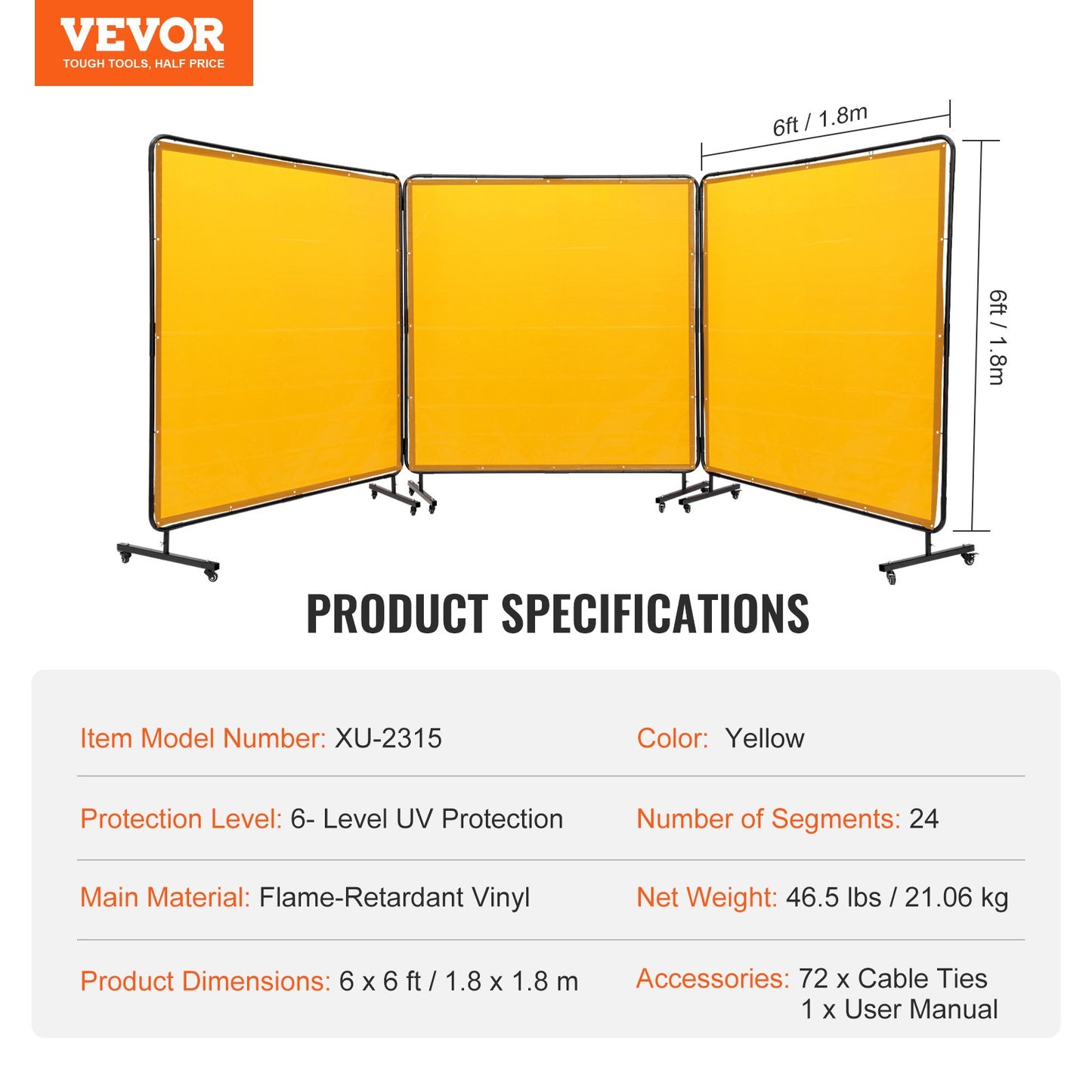 Welding Screen with Frame, 6' x 6' 3 Panel Welding Curtain Screens, Flame Retardant Vinyl Welding Protective Screen on 12 Swivel Casters (6 Lockable), Movable & Professional for Workshop, Yellow
