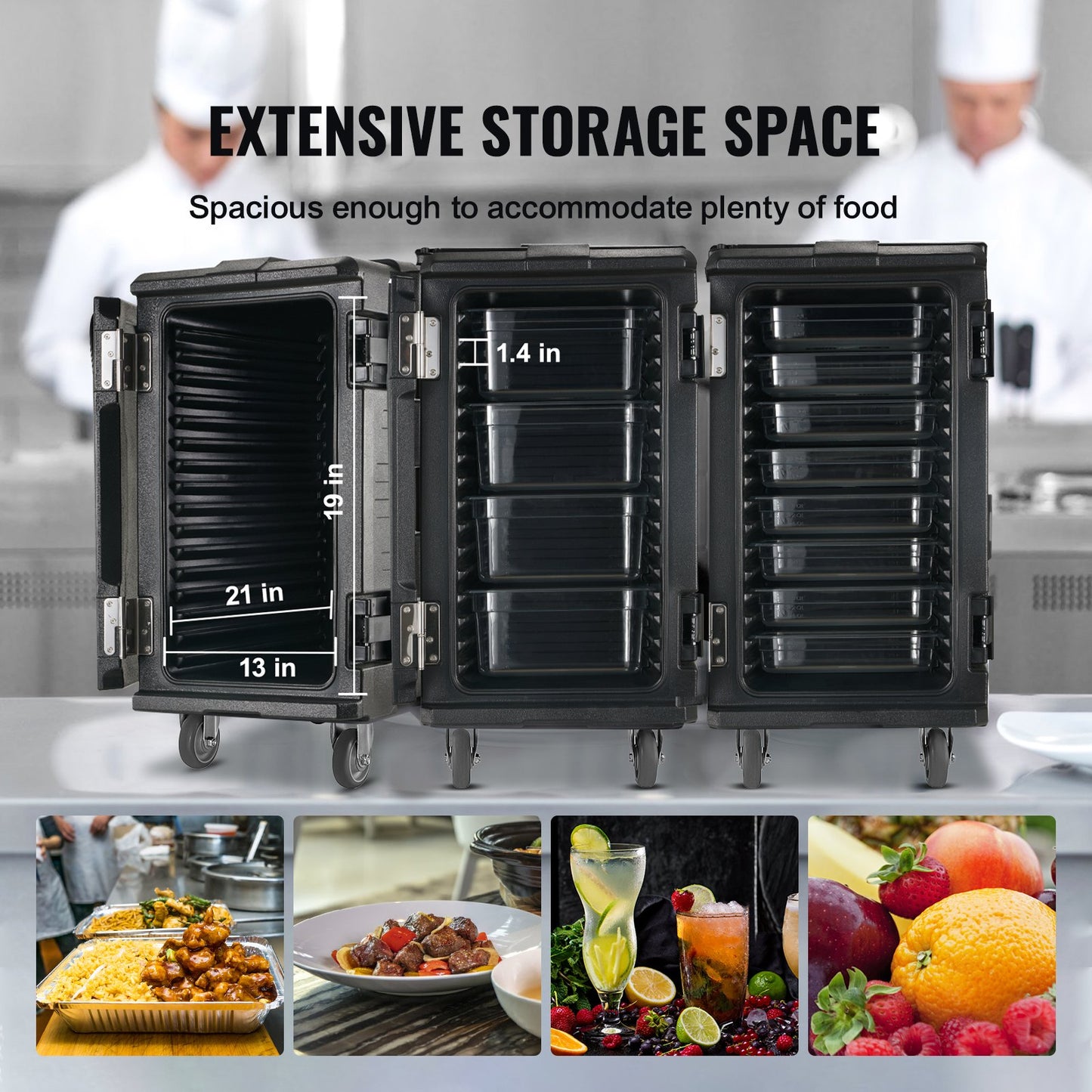 Insulated Food Pan Carrier, 109 Qt Hot Box för catering, LLDPE Food Box Carrier med dubbla spännen, Frontmatad matvärmare med handtag, Ändlastare med hjul för restaurang, matsal, etc.