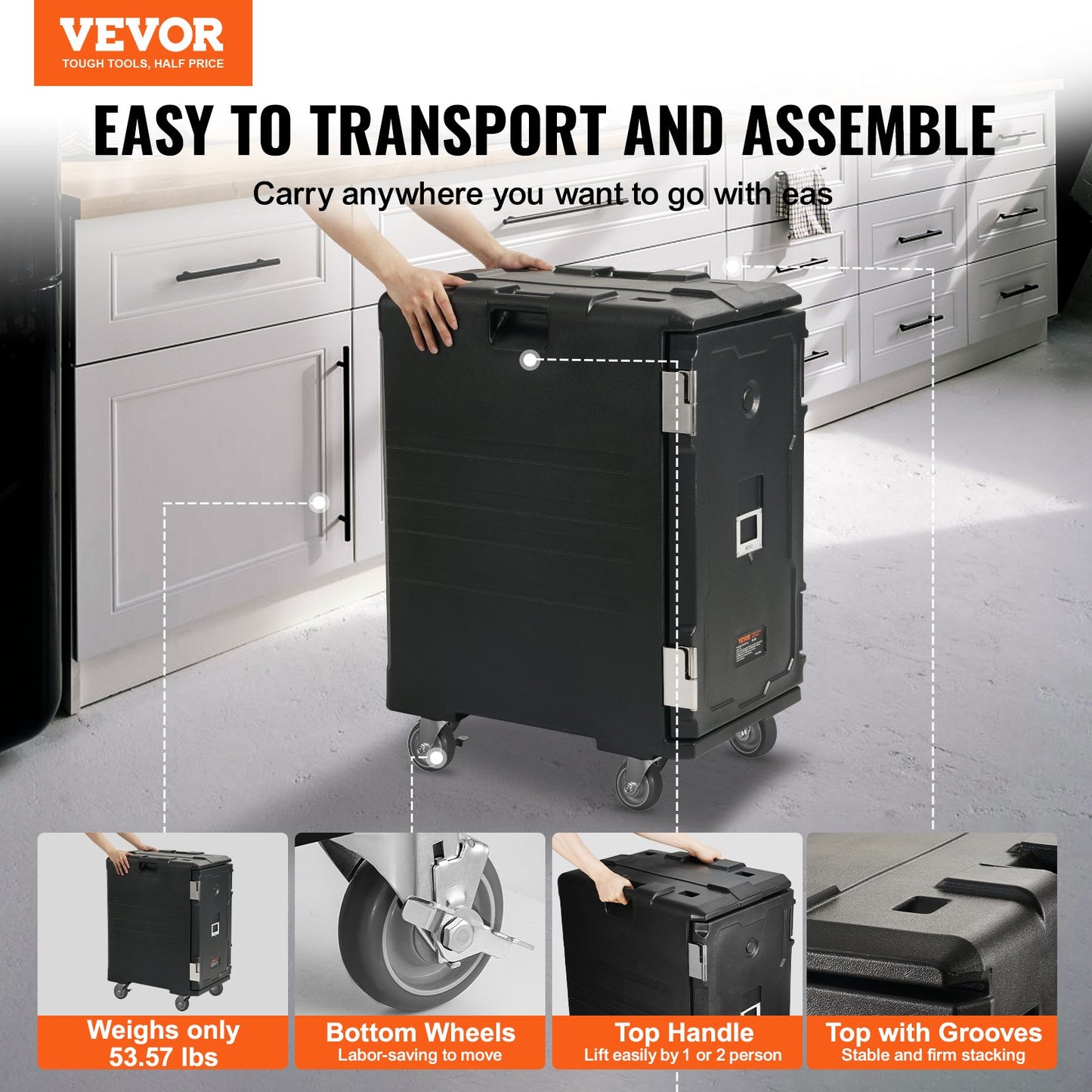 Insulated Food Pan Carrier, 109 Qt Hot Box för catering, LLDPE Food Box Carrier med dubbla spännen, Frontmatad matvärmare med handtag, Ändlastare med hjul för restaurang, matsal, etc.