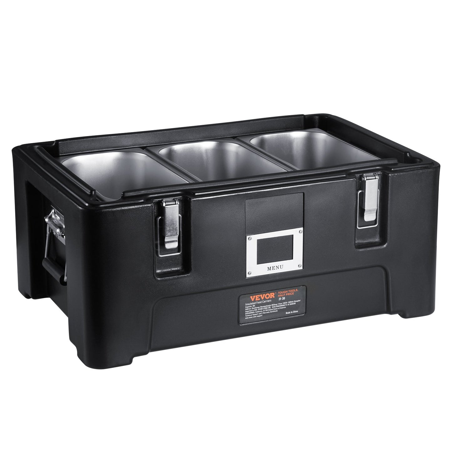 Insulated Food Pan Holder, 36 Qt Capacity, Stackable Serving Warmer Box with 3 Stainless Steel Pans, Top-Loaded LLDPE Food Warmer with Elastic Side Handles and Buckles, for Restaurant Dining Room, Black