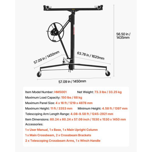 3353 mm gipslyft, kraftig 68 kg gipskivotlyft med justerbar teleskoparm, låsbara hjul, gipslyft, paneldomkraft, lyftverktyg, idealisk för tak- och vägginstallation (svart) | EU