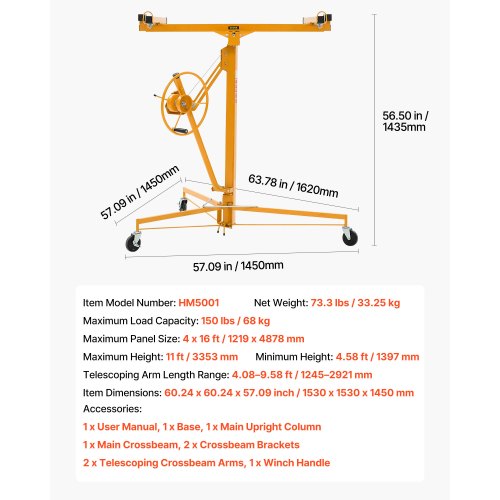 3353 mm gipslyft, kraftig 68 kg gipskivotlyft med justerbar teleskoparm, låsbara hjul, gipslyft, paneldomkraft, lyftverktyg, idealisk för tak- och vägginstallation (gul) | EU