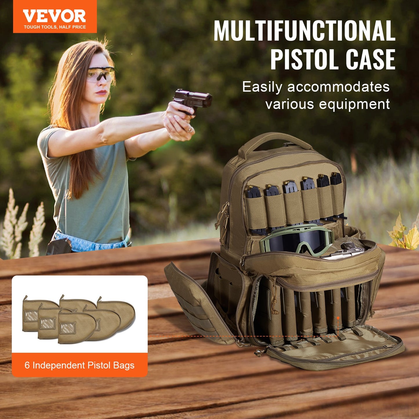 Tactical Range Ryggsäck för 6 Pistols Gun Backpack Brown