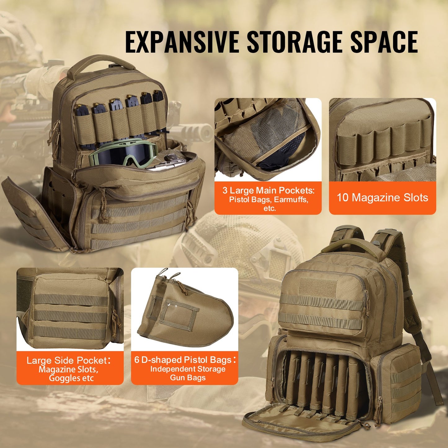 Tactical Range Ryggsäck för 6 Pistols Gun Backpack Brown