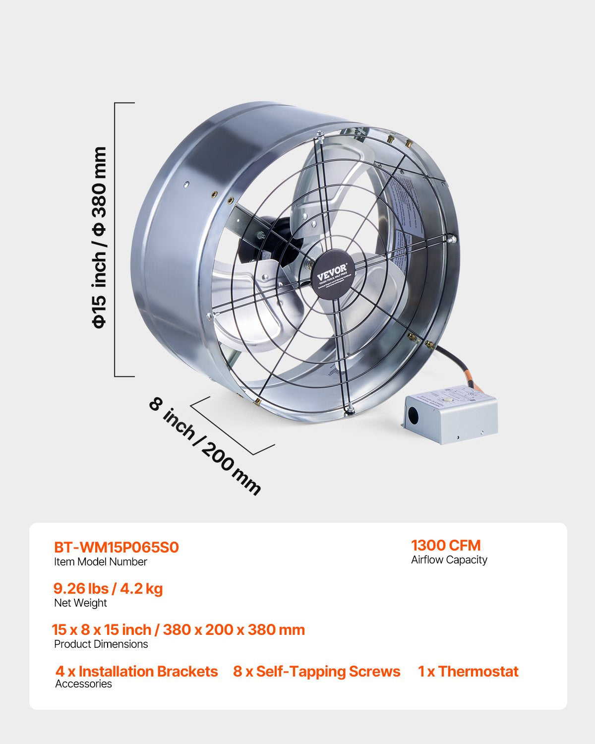 15" Gable Mount Fan 1300 CFM Ventilator with Adjustable Thermostat