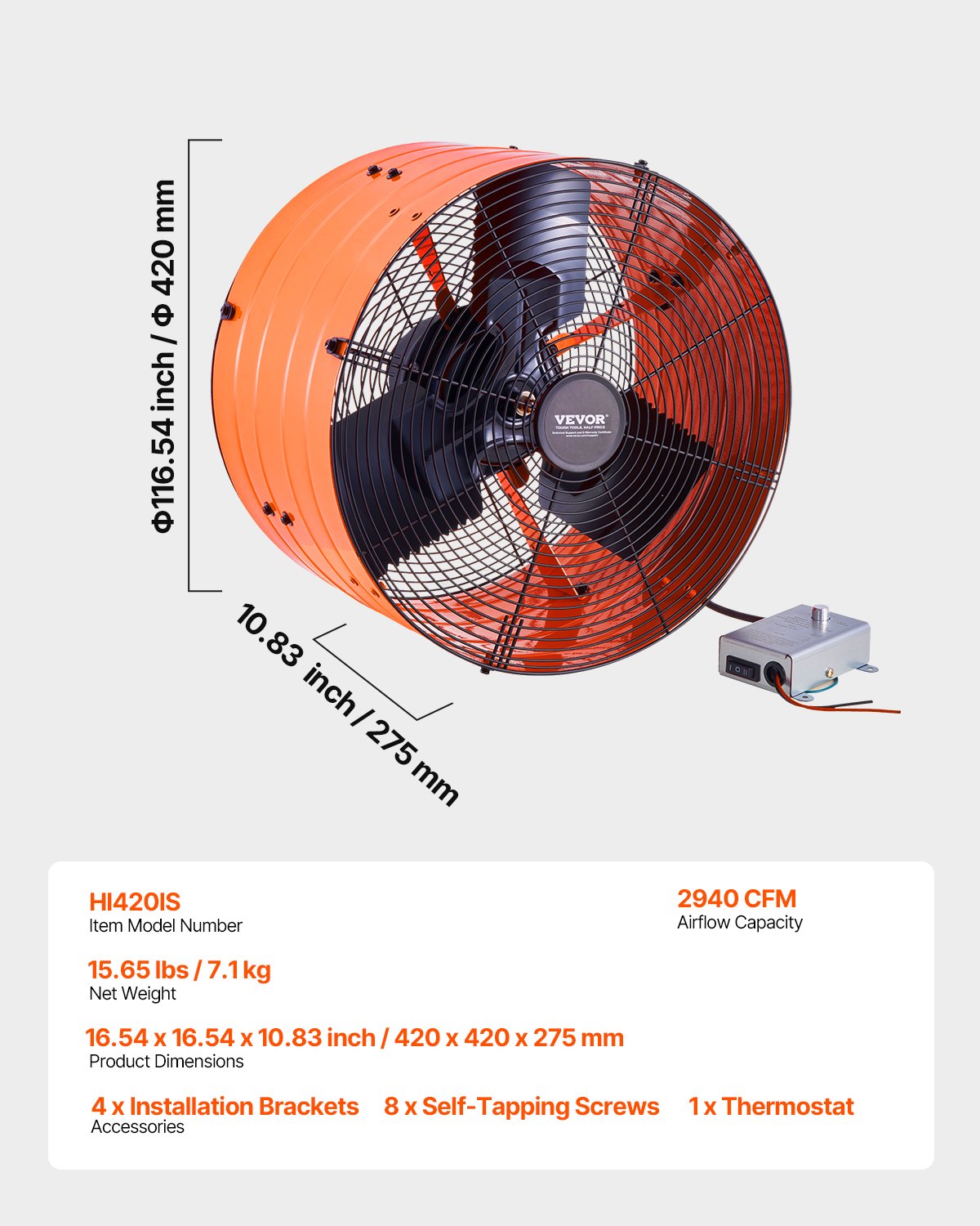 16" Gable Mount Fan 2940 CFM Attic Vent Fan with adjustable thermostat