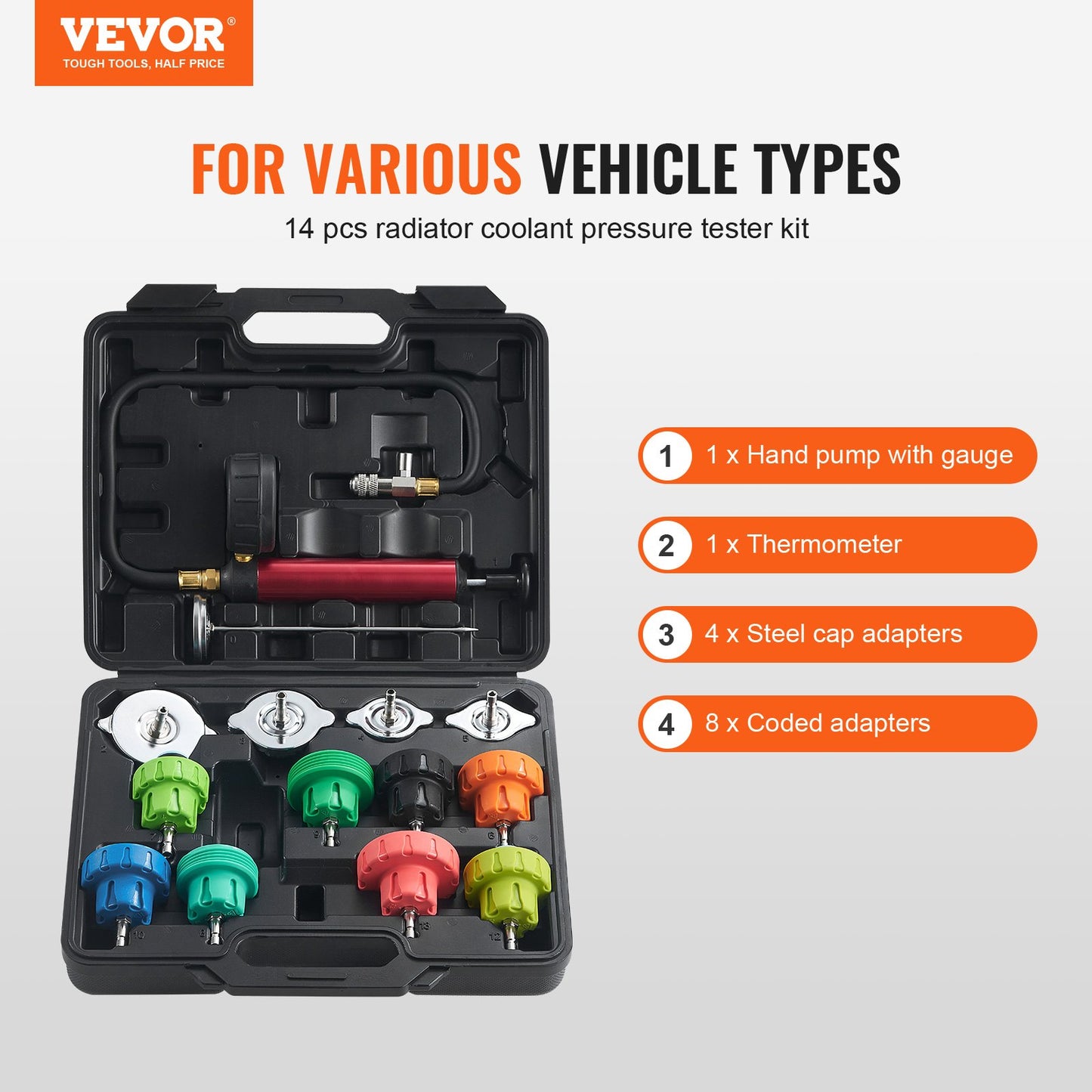 14pcs Universal Radiator Pressure Test Kit, Coolant Pressure Test Kit with Manual Pump and Color-Coded Steel Test Cap Adapters, with Tool Box, for Cars Motorcycles Trucks Cooling System