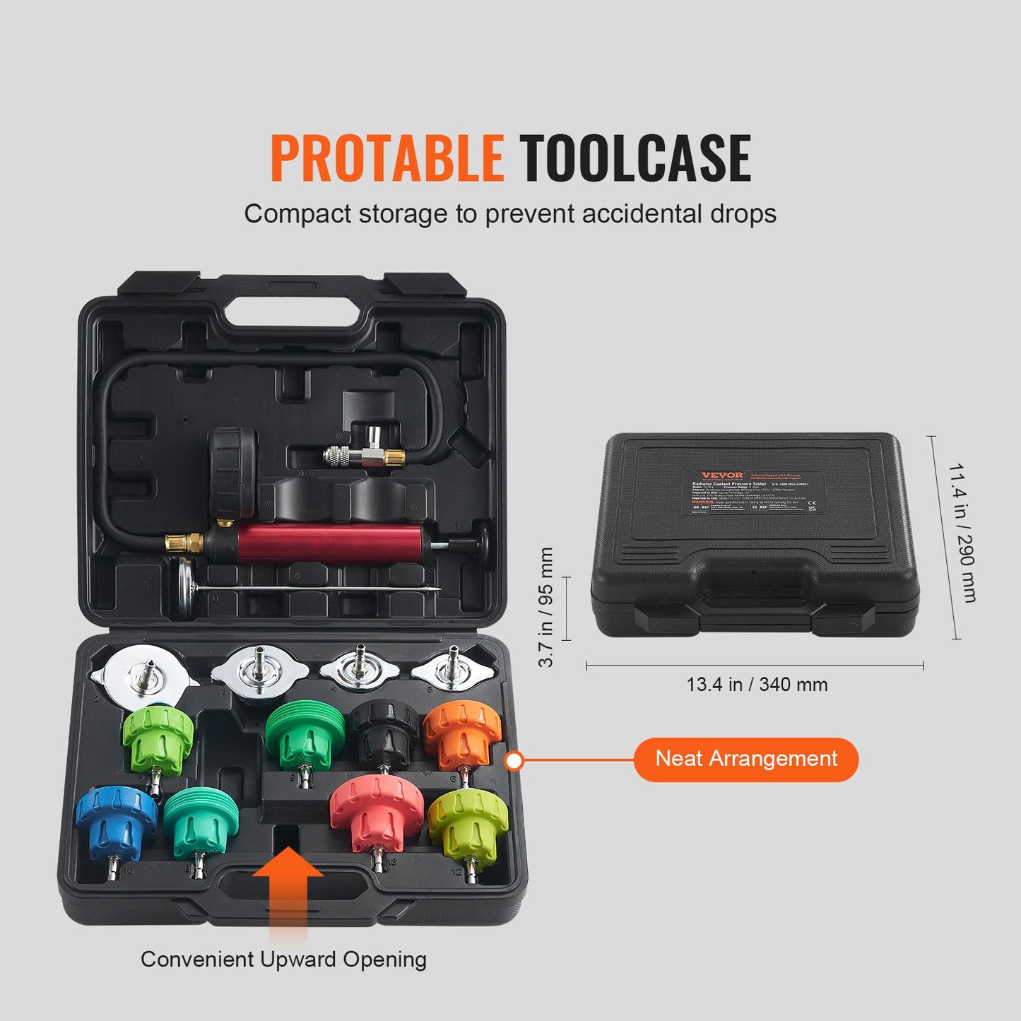 14pcs Universal Radiator Pressure Test Kit, Coolant Pressure Test Kit with Manual Pump and Color-Coded Steel Test Cap Adapters, with Tool Box, for Cars Motorcycles Trucks Cooling System