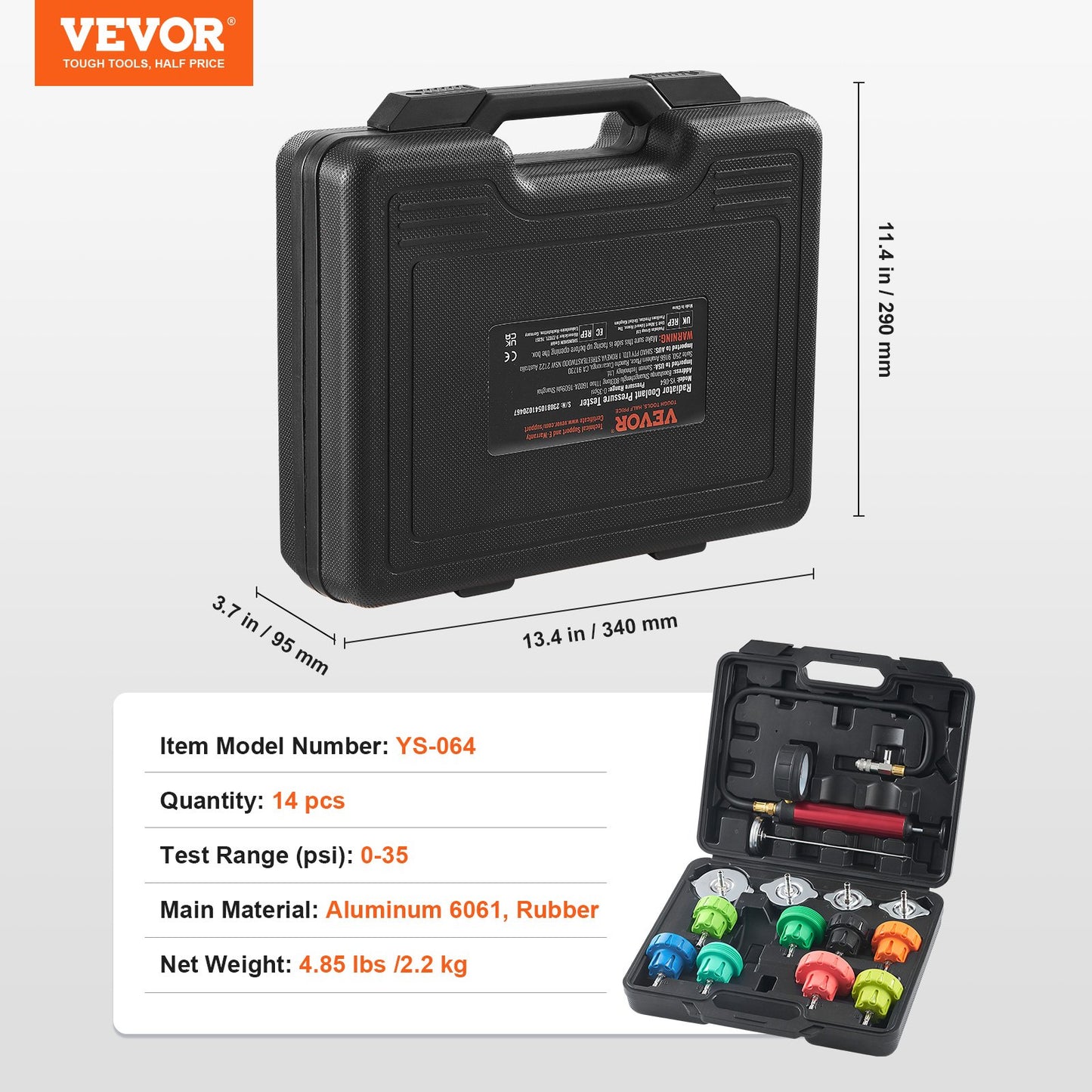 14pcs Universal Radiator Pressure Test Kit, Coolant Pressure Test Kit with Manual Pump and Color-Coded Steel Test Cap Adapters, with Tool Box, for Cars Motorcycles Trucks Cooling System