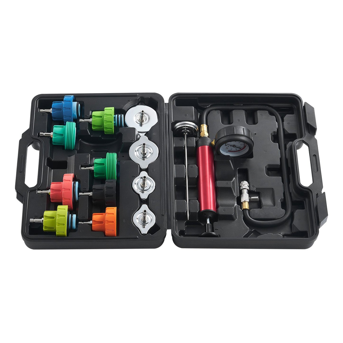 14pcs Universal Radiator Pressure Test Kit, Coolant Pressure Test Kit with Manual Pump and Color-Coded Steel Test Cap Adapters, with Tool Box, for Cars Motorcycles Trucks Cooling System