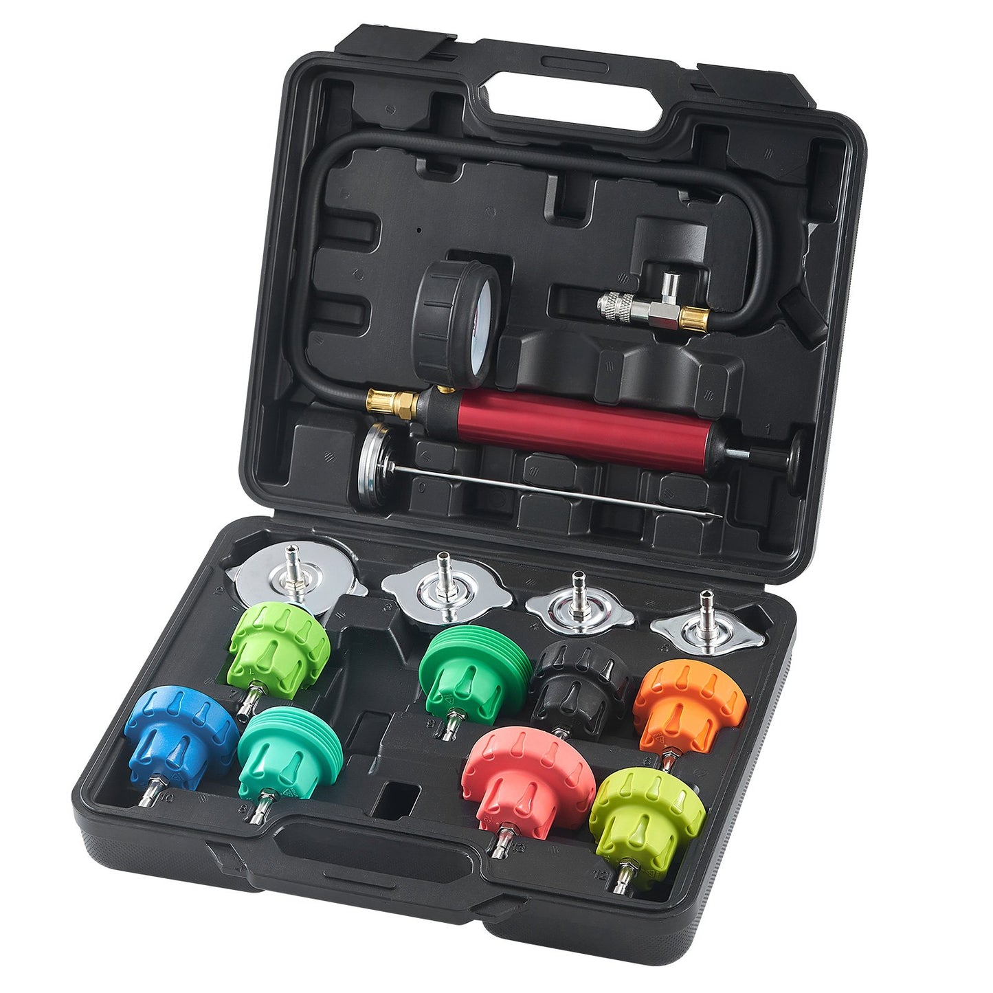 14pcs Universal Radiator Pressure Test Kit, Coolant Pressure Test Kit with Manual Pump and Color-Coded Steel Test Cap Adapters, with Tool Box, for Cars Motorcycles Trucks Cooling System