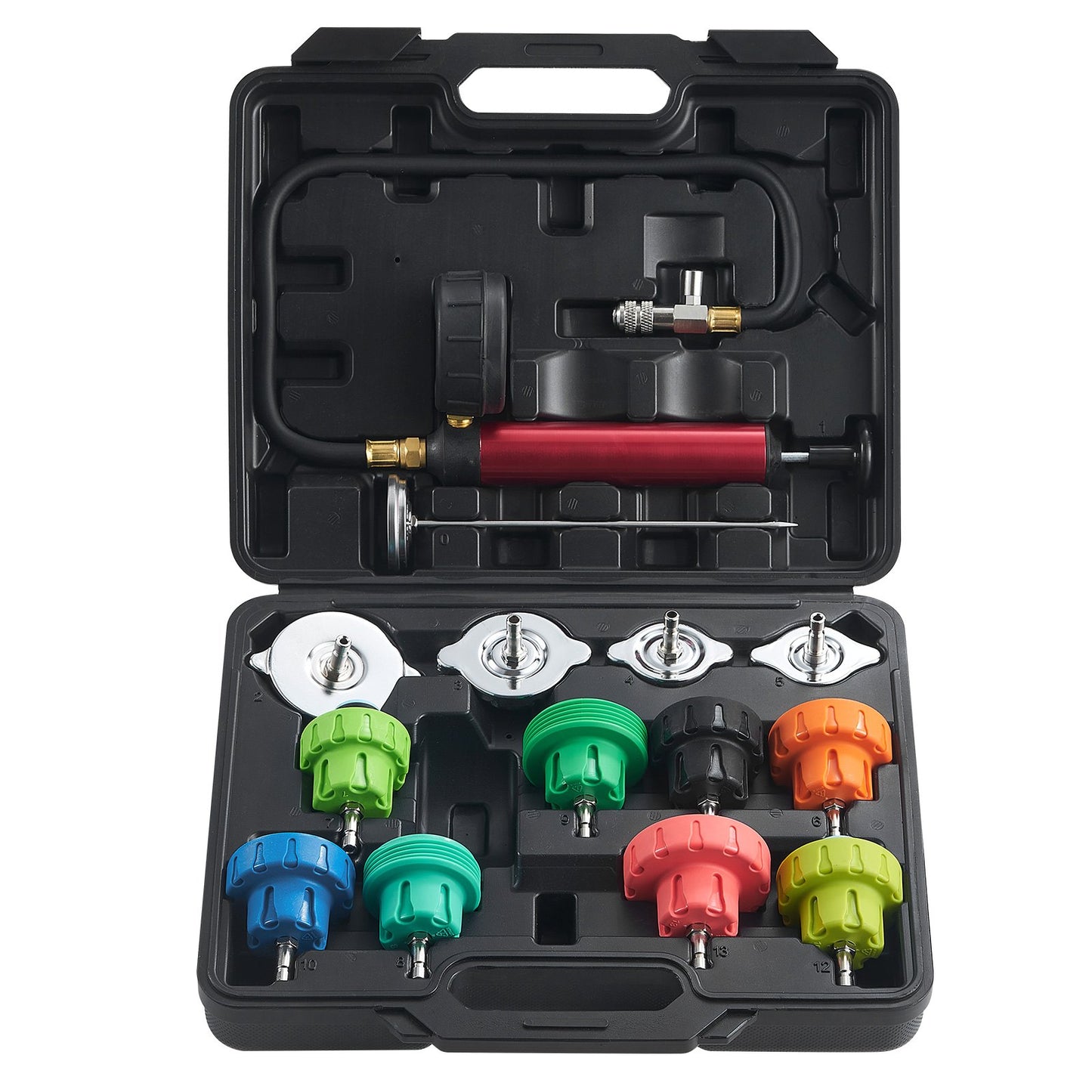 14pcs Universal Radiator Pressure Test Kit, Coolant Pressure Test Kit with Manual Pump and Color-Coded Steel Test Cap Adapters, with Tool Box, for Cars Motorcycles Trucks Cooling System