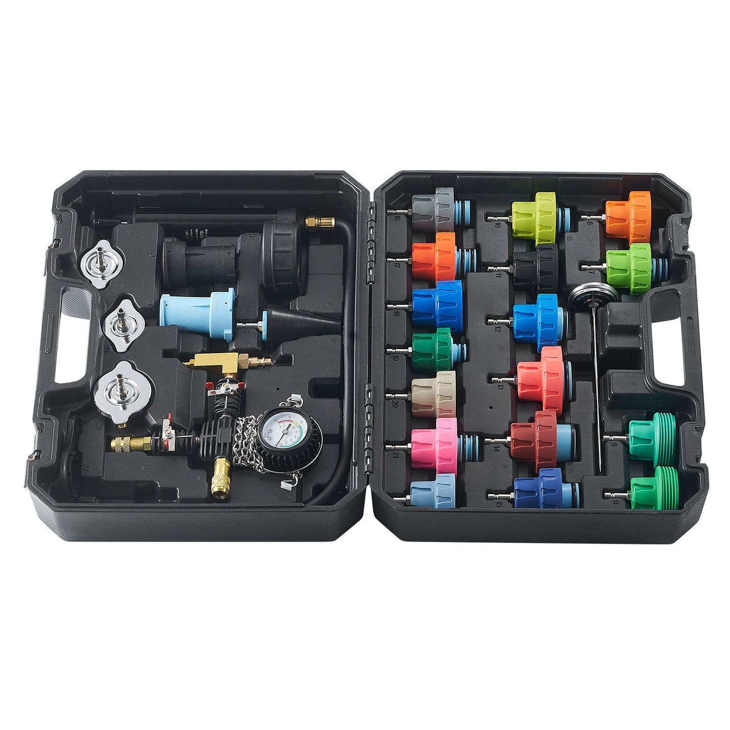 28pcs Universal Radiator Pressure Test Kit, Coolant Pressure Test Kit with Manual Pump and Color Coded Test Caps, Coolant Vacuum Filler Kit for Cars Motorcycles Trucks Cooling System