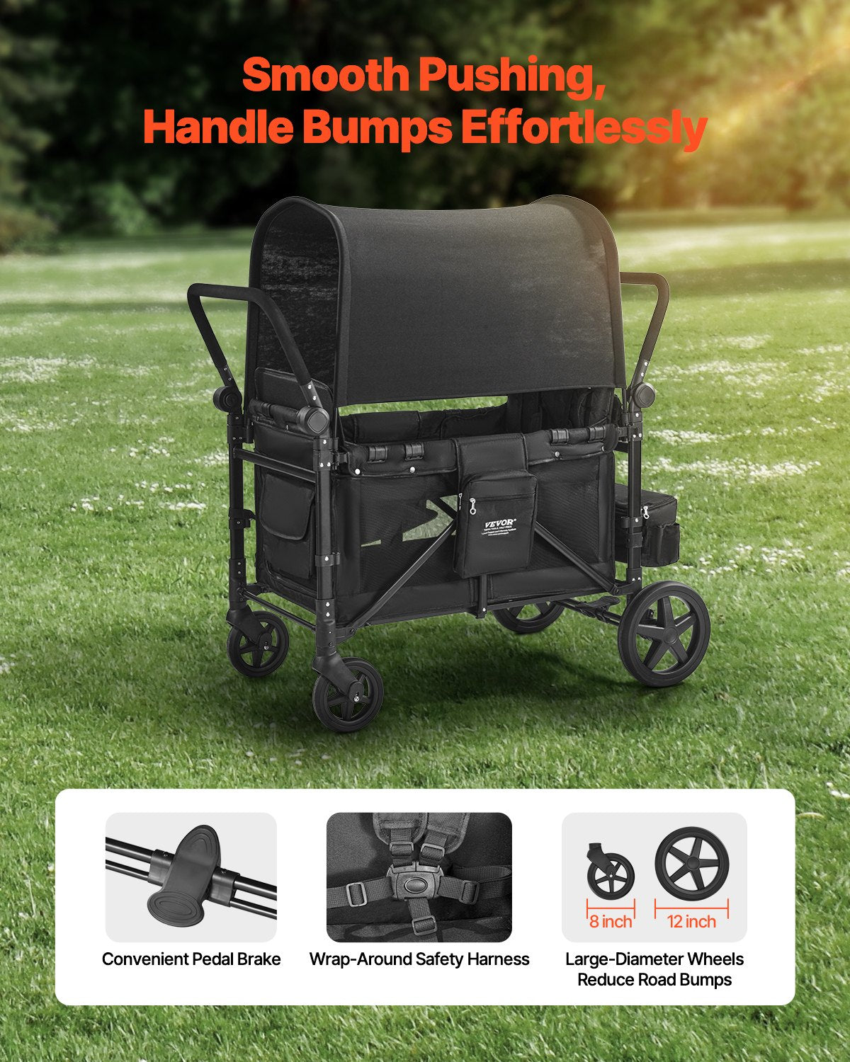 Vagnvagn för 4 barn Push Pull Hopfällbar Barnvagn 330LBS Laddar
