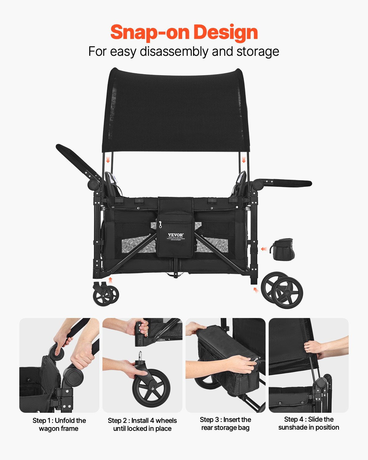 Vagnvagn för 4 barn Push Pull Hopfällbar Barnvagn 330LBS Laddar