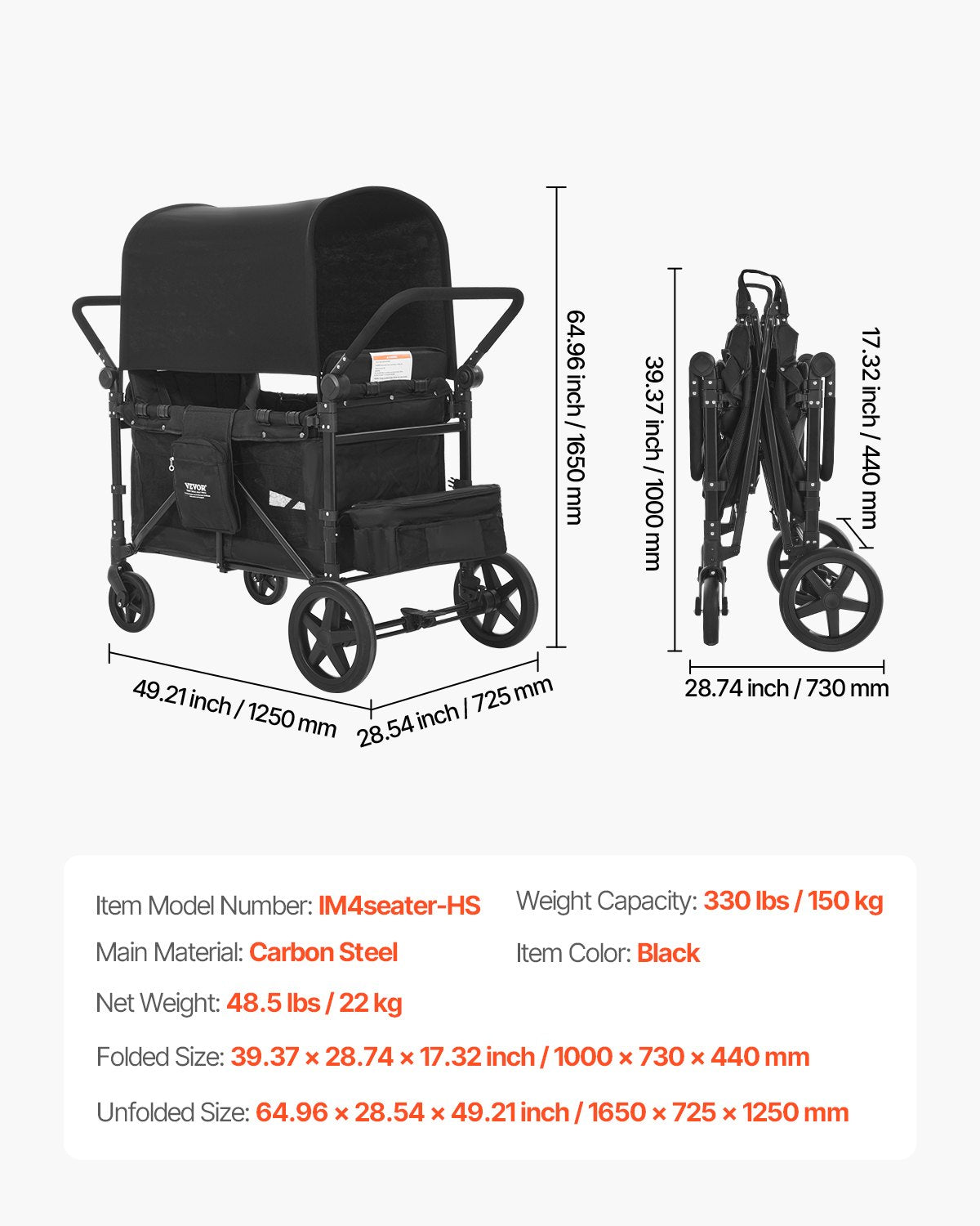 Vagnvagn för 4 barn Push Pull Hopfällbar Barnvagn 330LBS Laddar