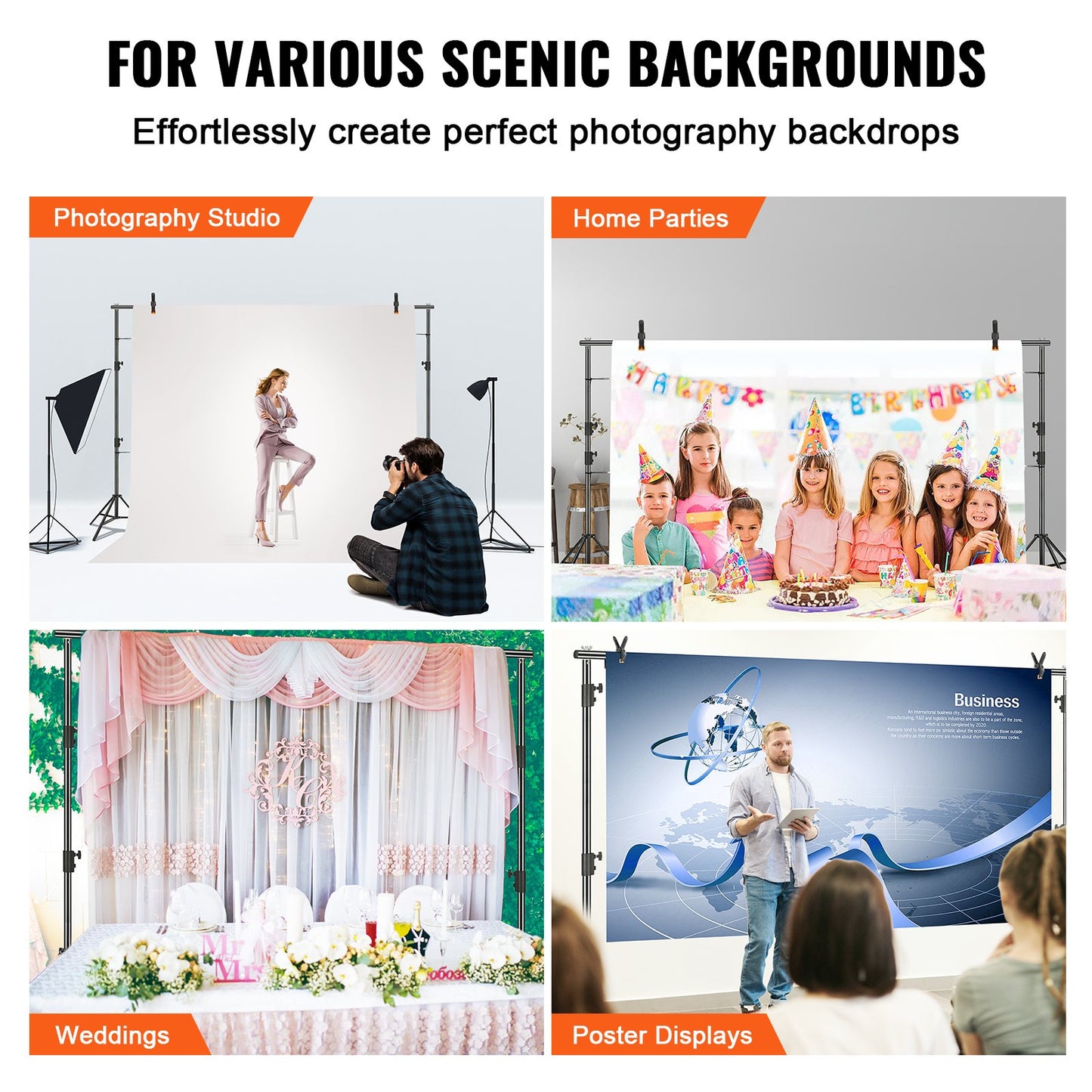 12 x 10 fot Heavy Duty Backdrop Stand, höjdjusterbart fotografi Backdrop Stand, Background Support System med 6 klämmor och en bärväska, för fest, bröllop, display, foto