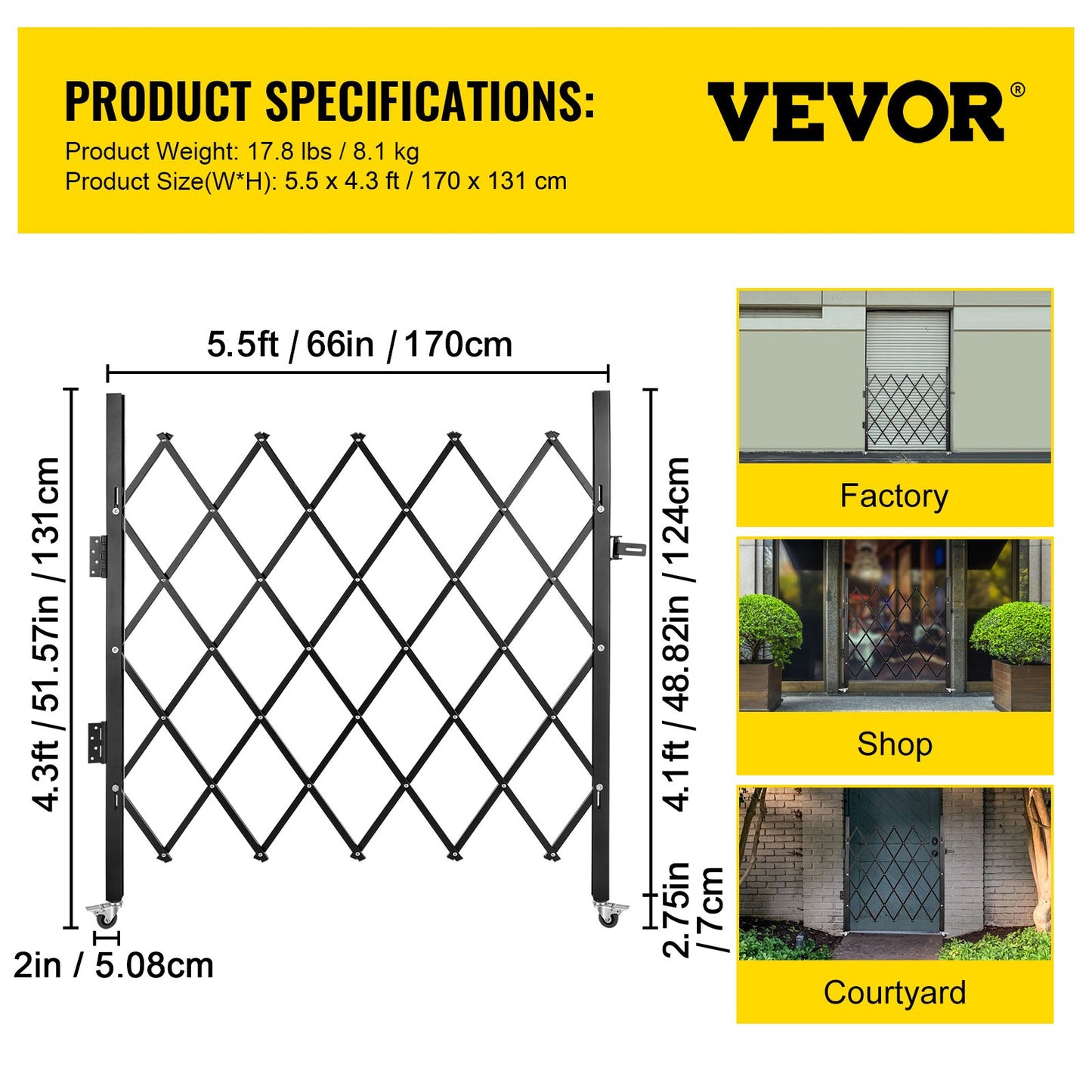 Einfaches Faltsicherheitstor, 48" H x 66" B Falttürtor, Stahl-Akkordeon-Sicherheitstor, flexibel erweiterbares Sicherheitstor, 360°-Roll-Barrikadentor, Scherentor oder Tür mit Vorhängeschloss