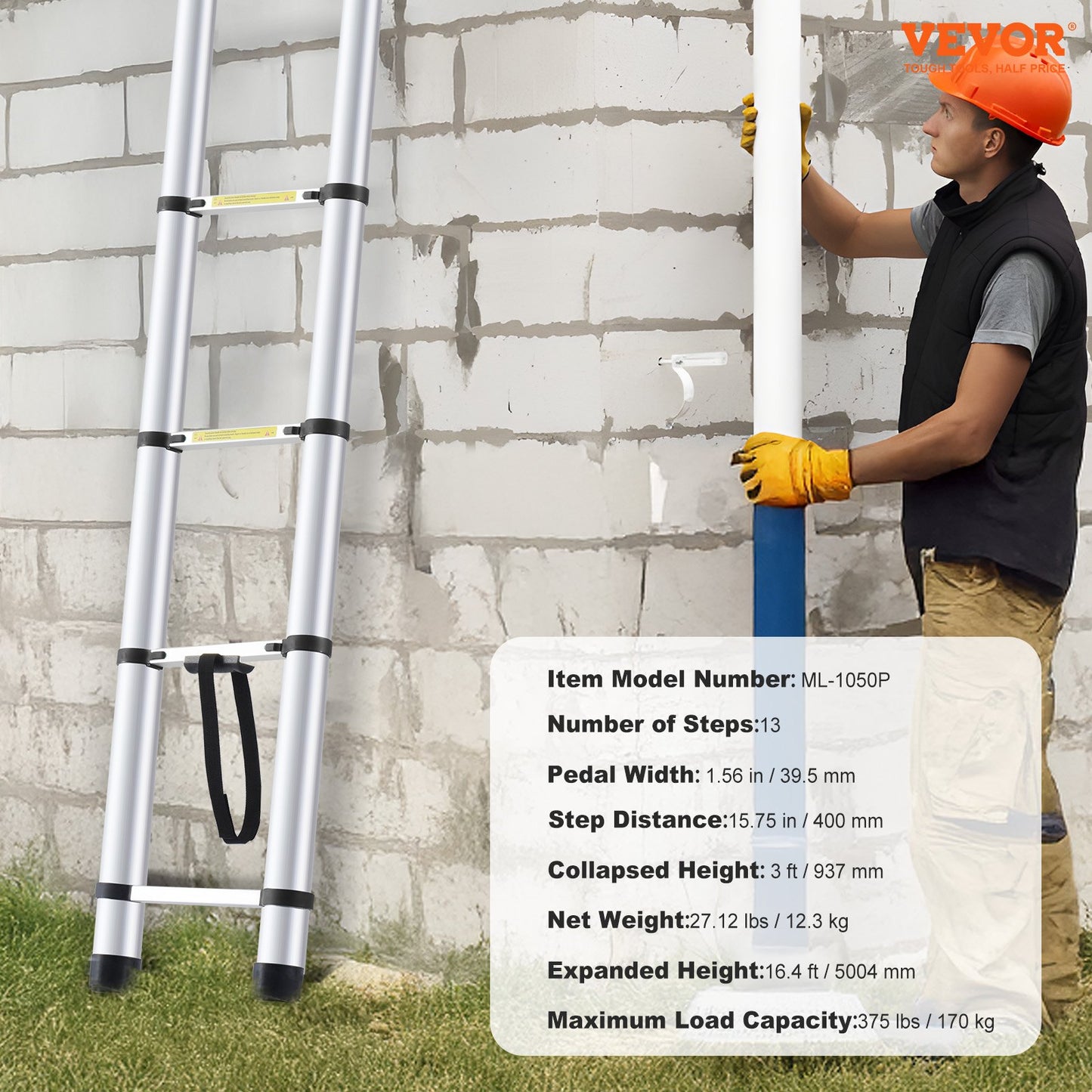 Telescopic Extension Ladder 16.4 FT Multi-Button Retract 375 LBS