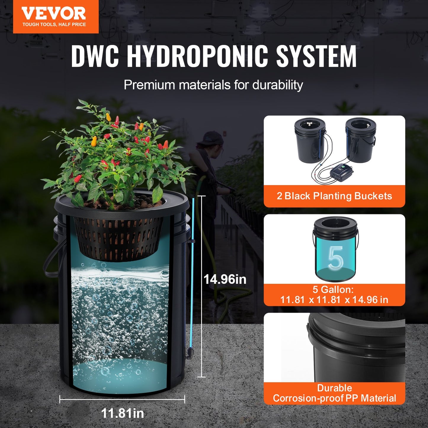DWC Hydroponics Grow System Djupvattenkultur med Top Drip 2 hinkar