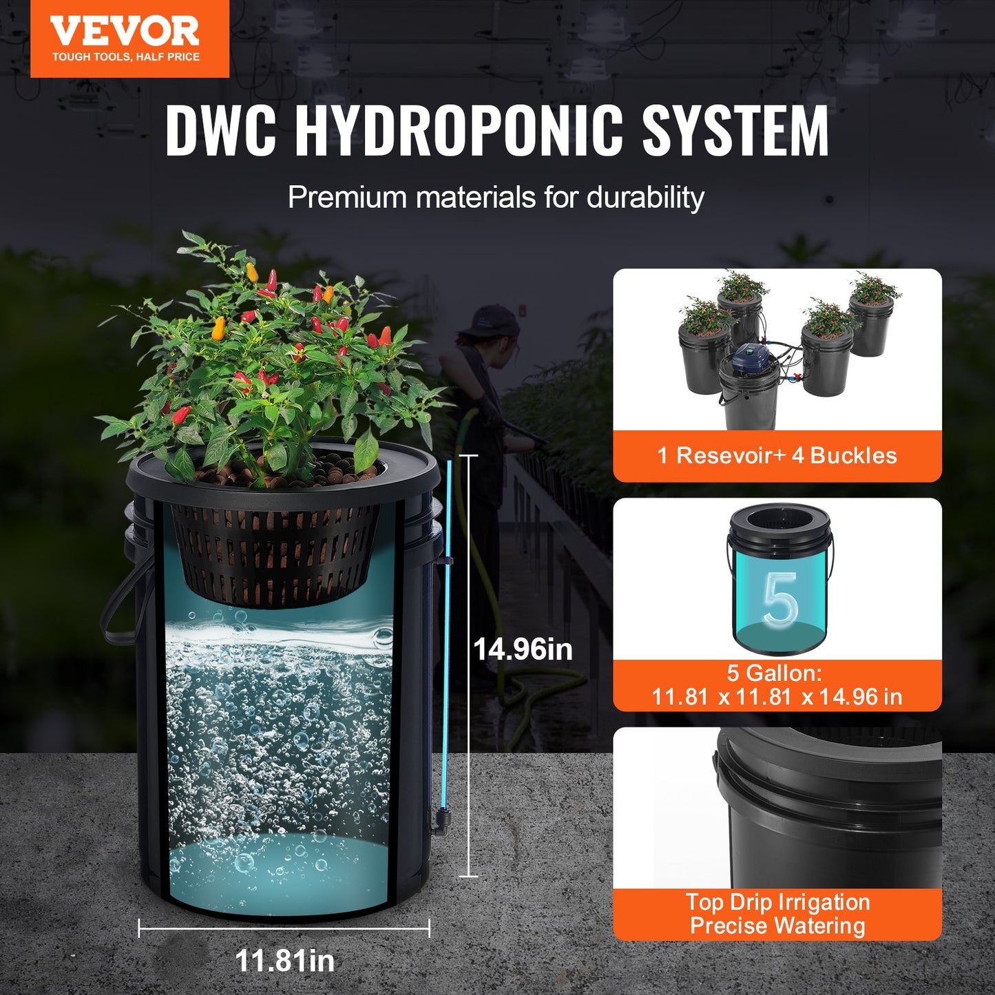 RDWC Hydroponics System recirculating deep water culture 4 buckets 5 gal
