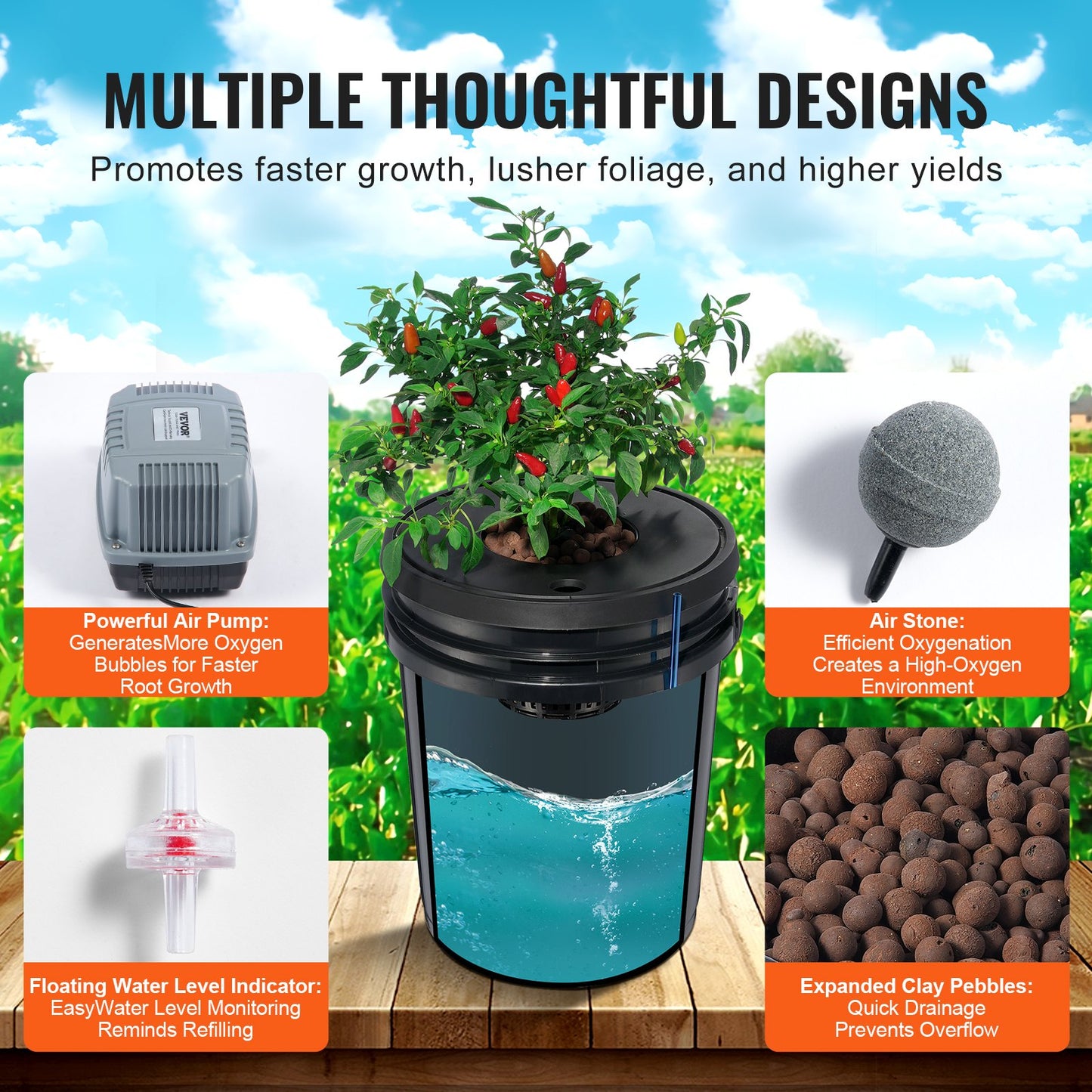 DWC Hydroponics Grow System Deep Water Culture 8 Buckets with Air Pump