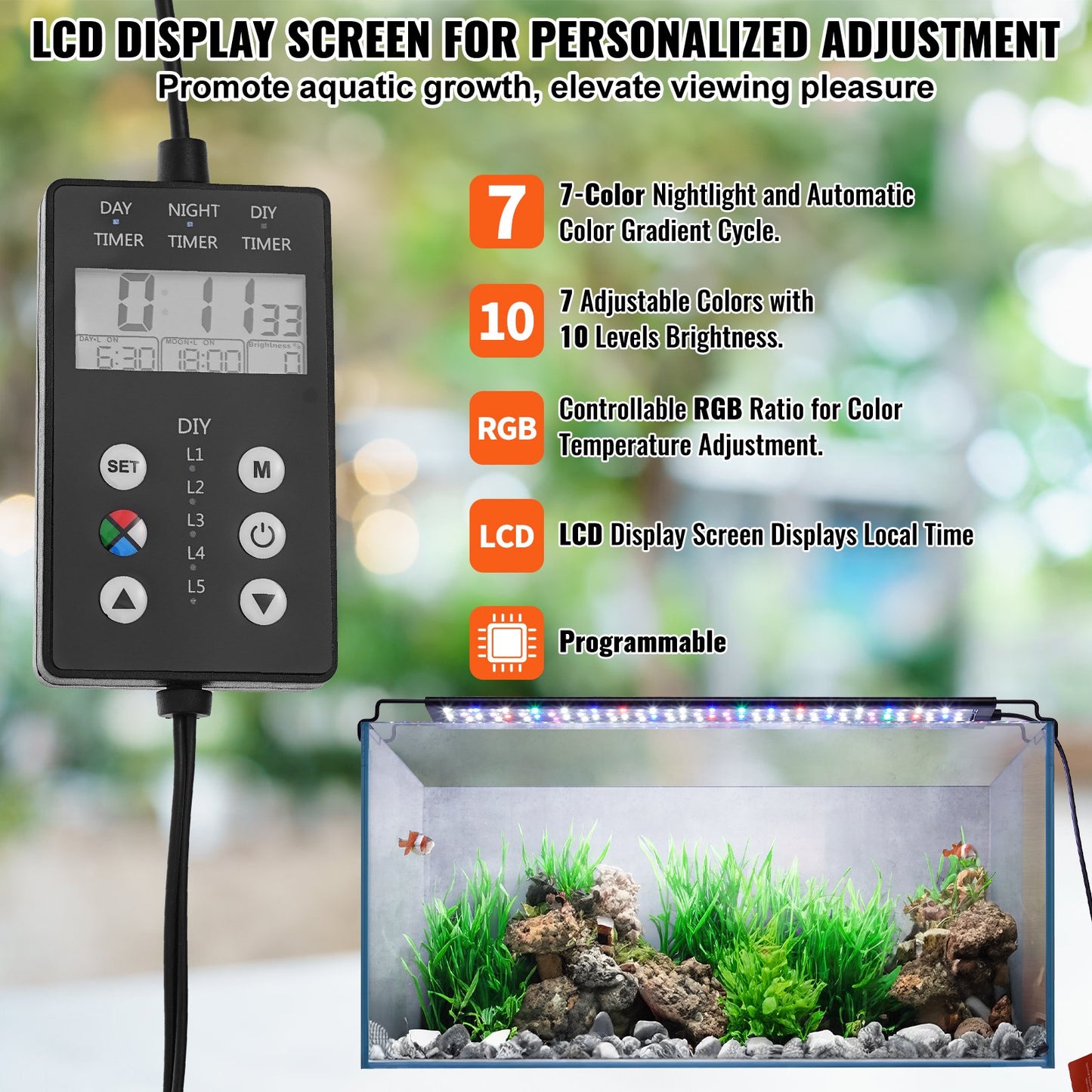 Full Spectrum Aquarium Light & LCD-skärm för 18"-24" sötvattentank 18W