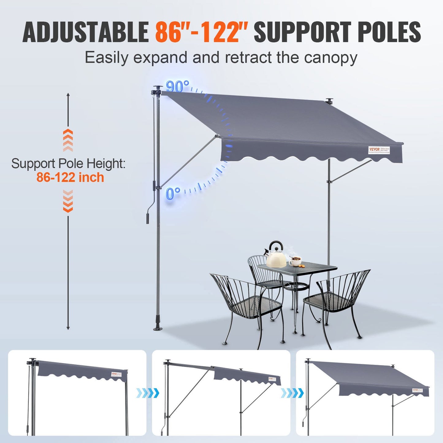 Manuell infällbar markis, 118" utfällbar uteplats markis solskydd, justerbar uteplats dörr Fönster markis kapell med 39" solskyddsgardin för bakgård, trädgård, balkong