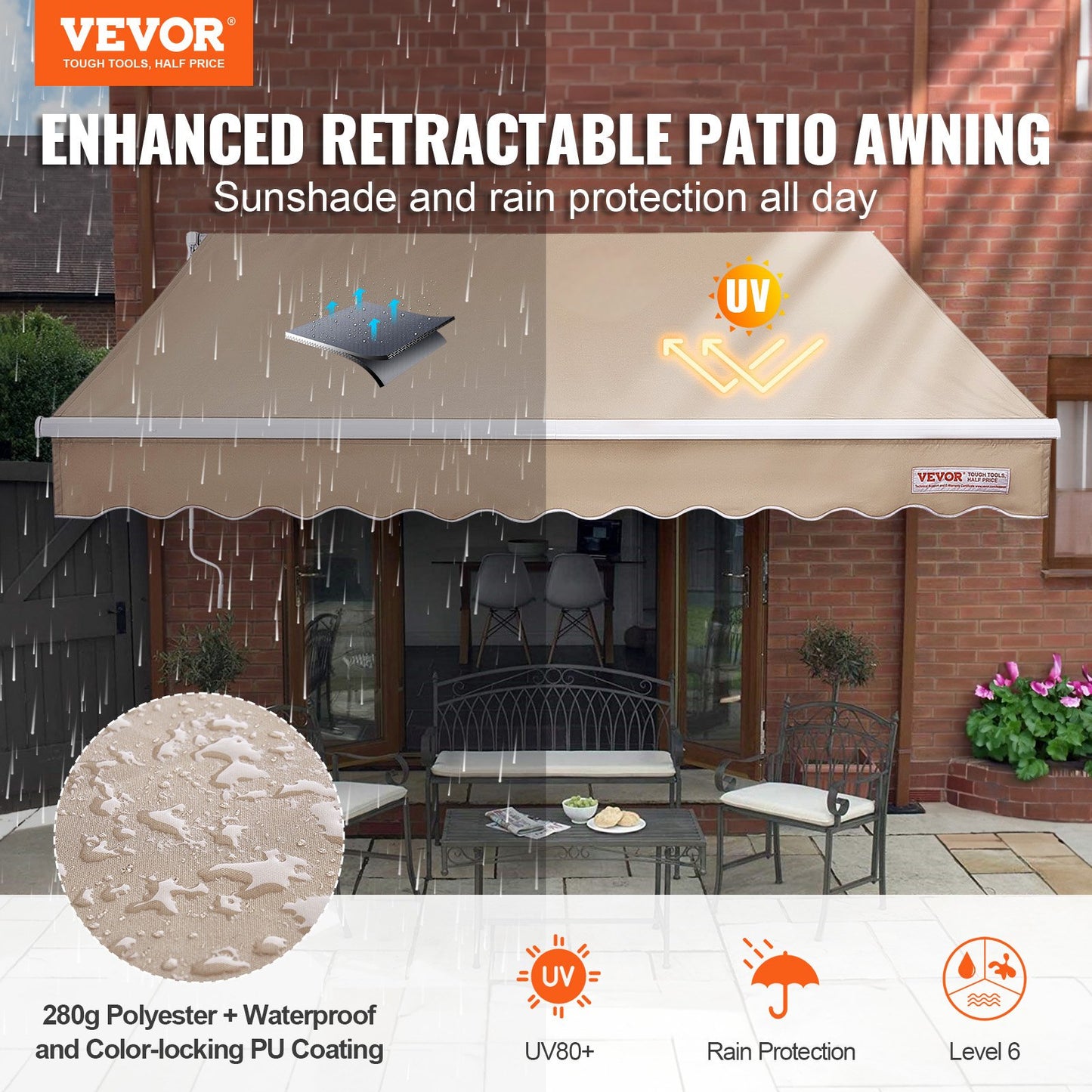 Manual Retractable Awning, 10 x 8 ft Patio Awning Retractable Sun Shade, Waterproof Polyester Patio Door Window Awning Sunshade with Crank for Backyard, Balcony