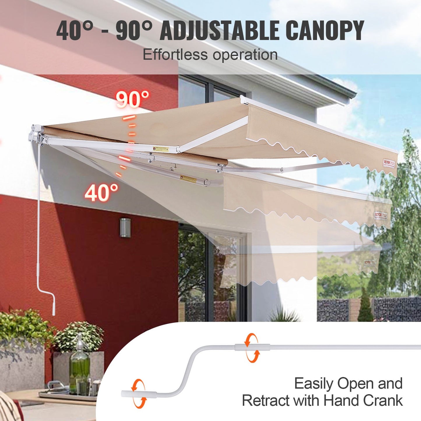 Manual Retractable Awning, 10 x 8 ft Patio Awning Retractable Sun Shade, Waterproof Polyester Patio Door Window Awning Sunshade with Crank for Backyard, Balcony