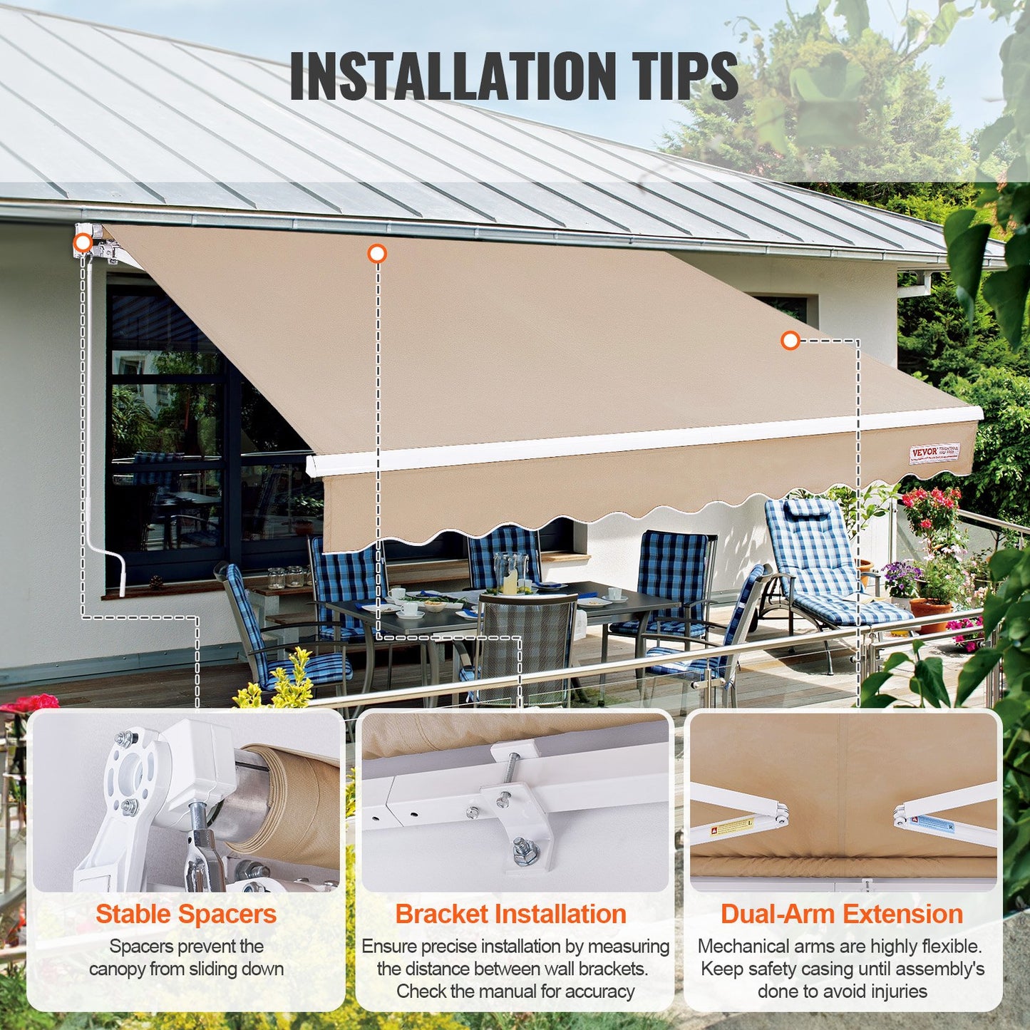 Manual Retractable Awning, 10 x 8 ft Patio Awning Retractable Sun Shade, Waterproof Polyester Patio Door Window Awning Sunshade with Crank for Backyard, Balcony