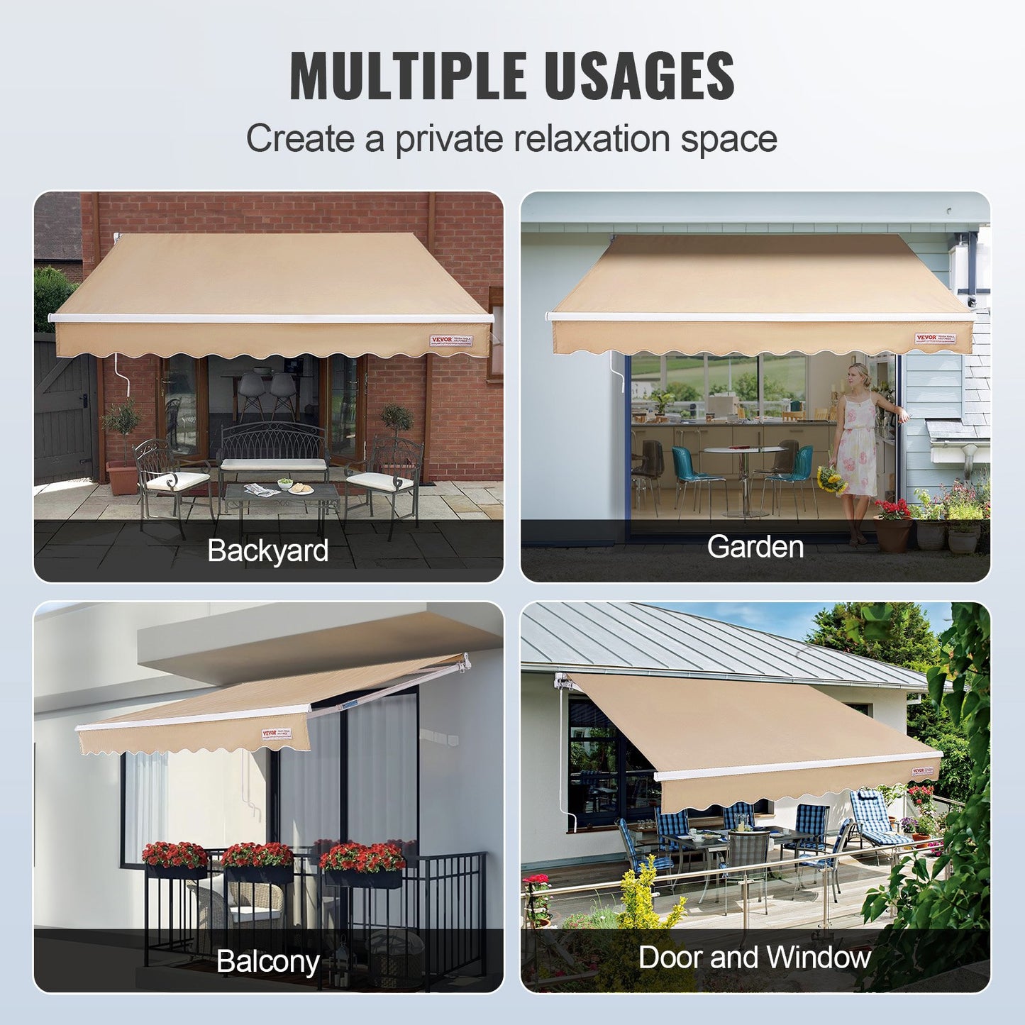 Manual Retractable Awning, 10 x 8 ft Patio Awning Retractable Sun Shade, Waterproof Polyester Patio Door Window Awning Sunshade with Crank for Backyard, Balcony