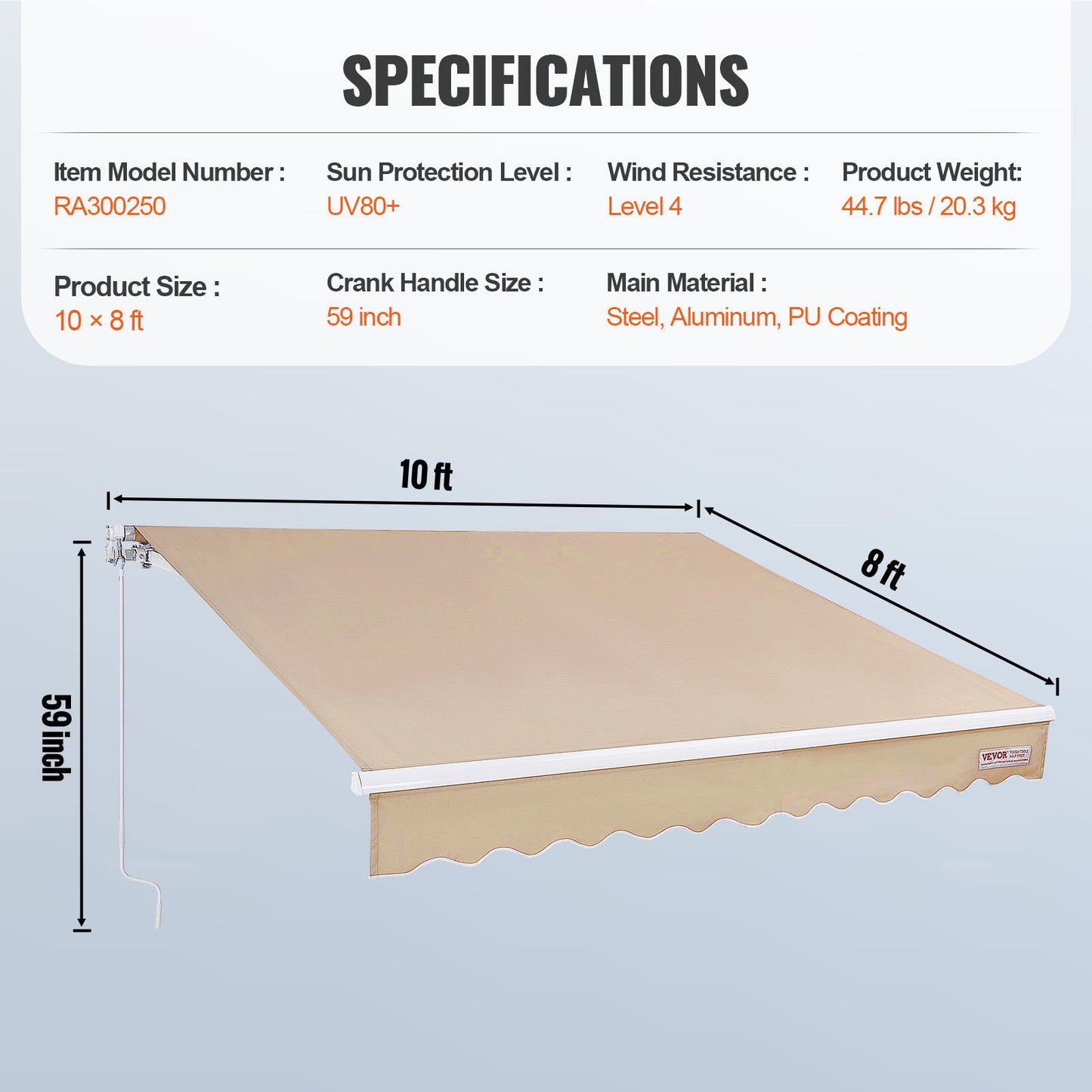 Manual Retractable Awning, 10 x 8 ft Patio Awning Retractable Sun Shade, Waterproof Polyester Patio Door Window Awning Sunshade with Crank for Backyard, Balcony