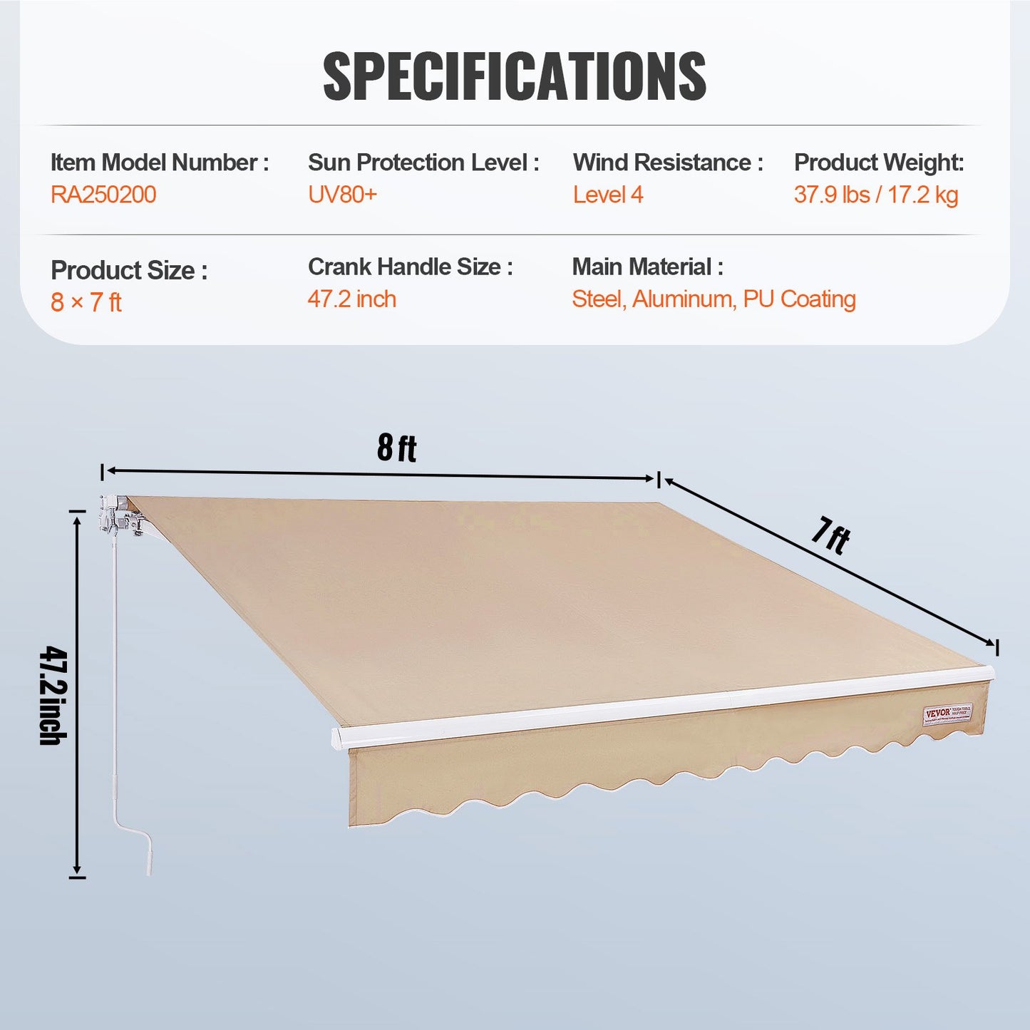 Manuellt infällbart förtält, 8 x 7 ft Uteplatsmarkis Infällbart solskydd, vattenavvisande polyester uteplatsdörr Fönstermarkis Solskyddsskydd med vev för bakgård, balkong