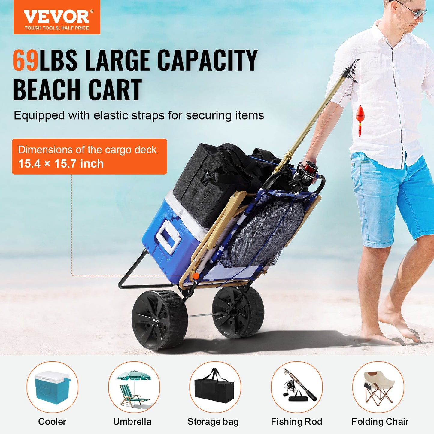 Beach Dolly with Large Wheels for Sand, 15.4" x 15.7" Loading Deck, with 10" PE Solid Wheels, 69LBS Loading Capacity Foldable Sand Cart, Heavy Duty Cart for Picnic, Camping, Fishing, Beach, Gardening