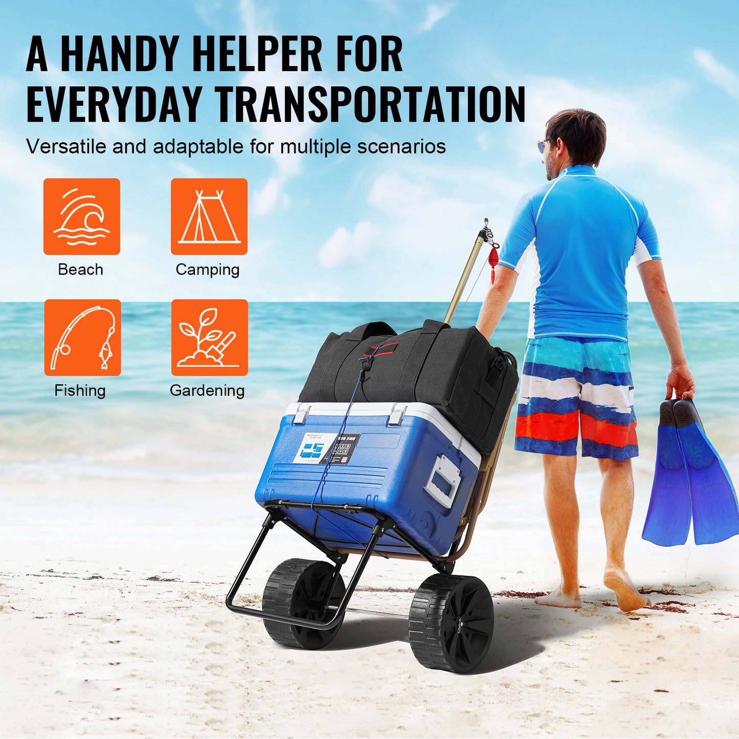 Beach Dolly with Large Wheels for Sand, 15.4" x 15.7" Loading Deck, with 10" PE Solid Wheels, 69LBS Loading Capacity Foldable Sand Cart, Heavy Duty Cart for Picnic, Camping, Fishing, Beach, Gardening