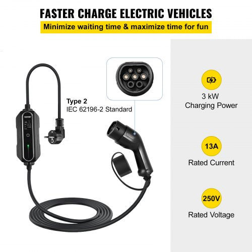 portable electric car charger, type 2 13A, electric vehicle charger 10 meter charging cable with EU 2-pin plug, digital display, 3kW waterproof IEC 62196-2 electric car charger for home with carrying case, CE | EU