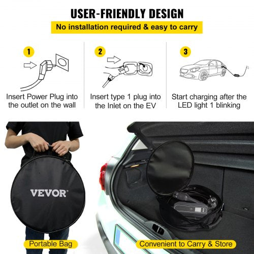 portable electric car charger, type 2 13A, electric vehicle charger 10 meter charging cable with EU 2-pin plug, digital display, 3kW waterproof IEC 62196-2 electric car charger for home with carrying case, CE | EU