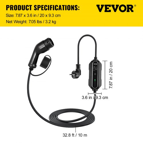 portable electric car charger, type 2 13A, electric vehicle charger 10 meter charging cable with EU 2-pin plug, digital display, 3kW waterproof IEC 62196-2 electric car charger for home with carrying case, CE | EU