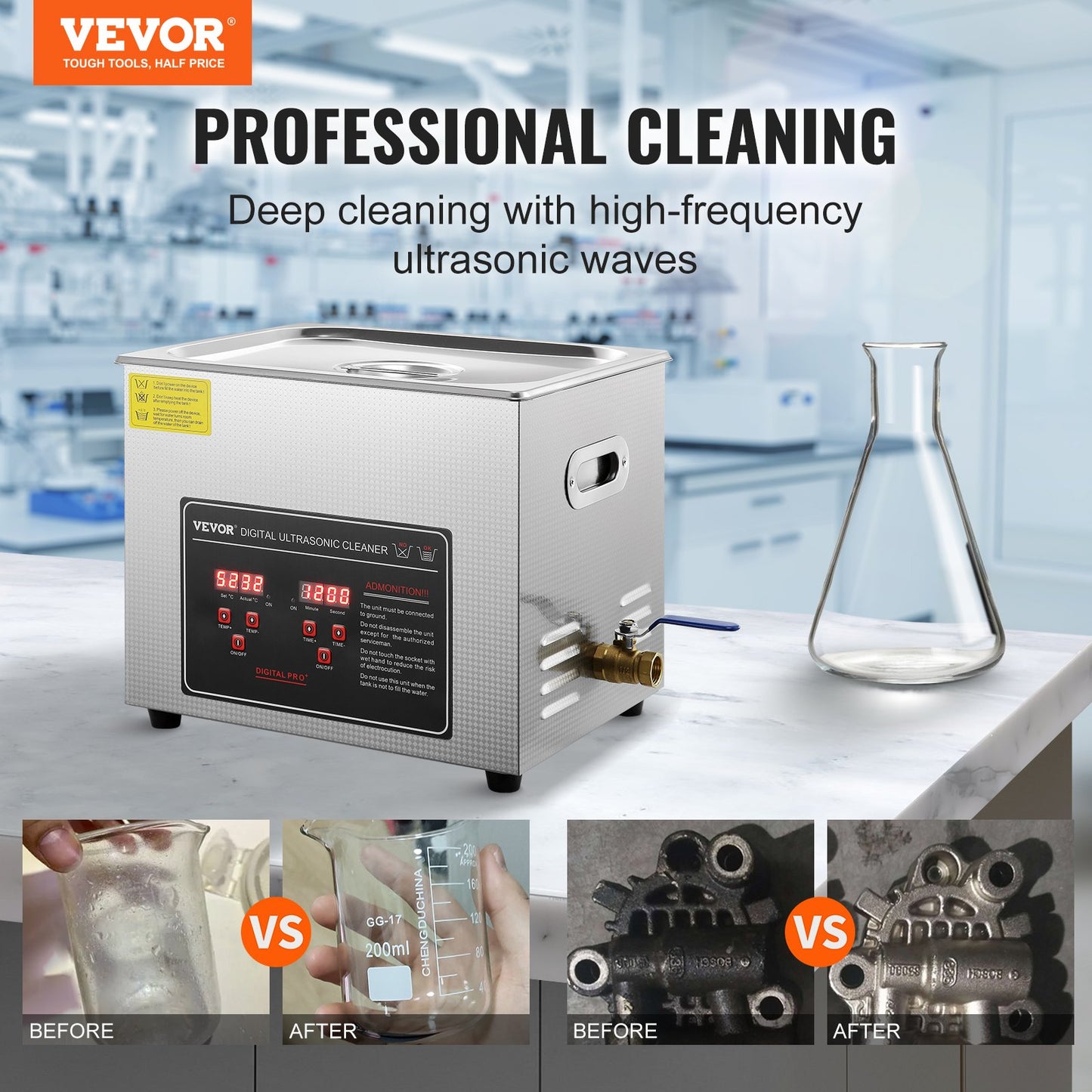 Ultrasonic Cleaner med digital timer och värmare, Professionell Ultra Sonic Smycken Cleaner, Rostfritt stål Uppvärmd rengöringsmaskin för glasögon Klockringar Små delar Kretskort (10L)